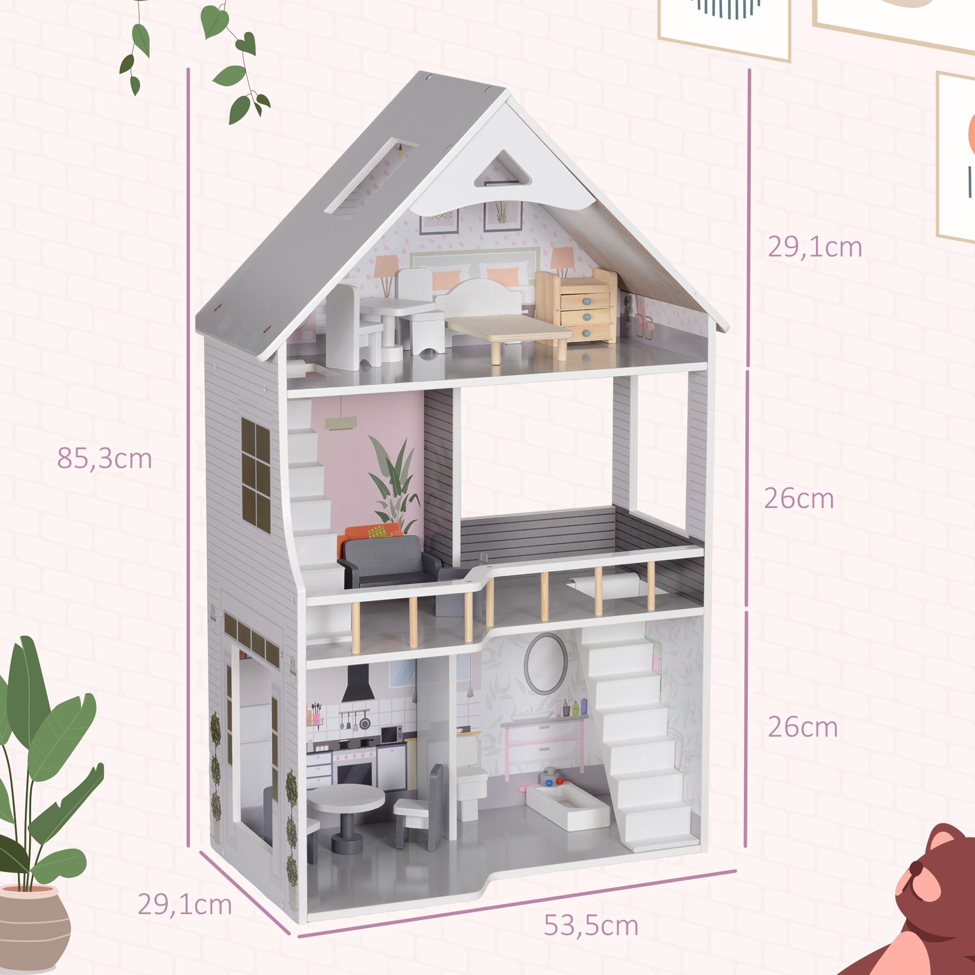 Puppenhaus aus Holz mit 13 Möbelstücken und Zubehör, 3-stöckiges Spielhaus für Kinder im Alter von 3-6 Jahren
