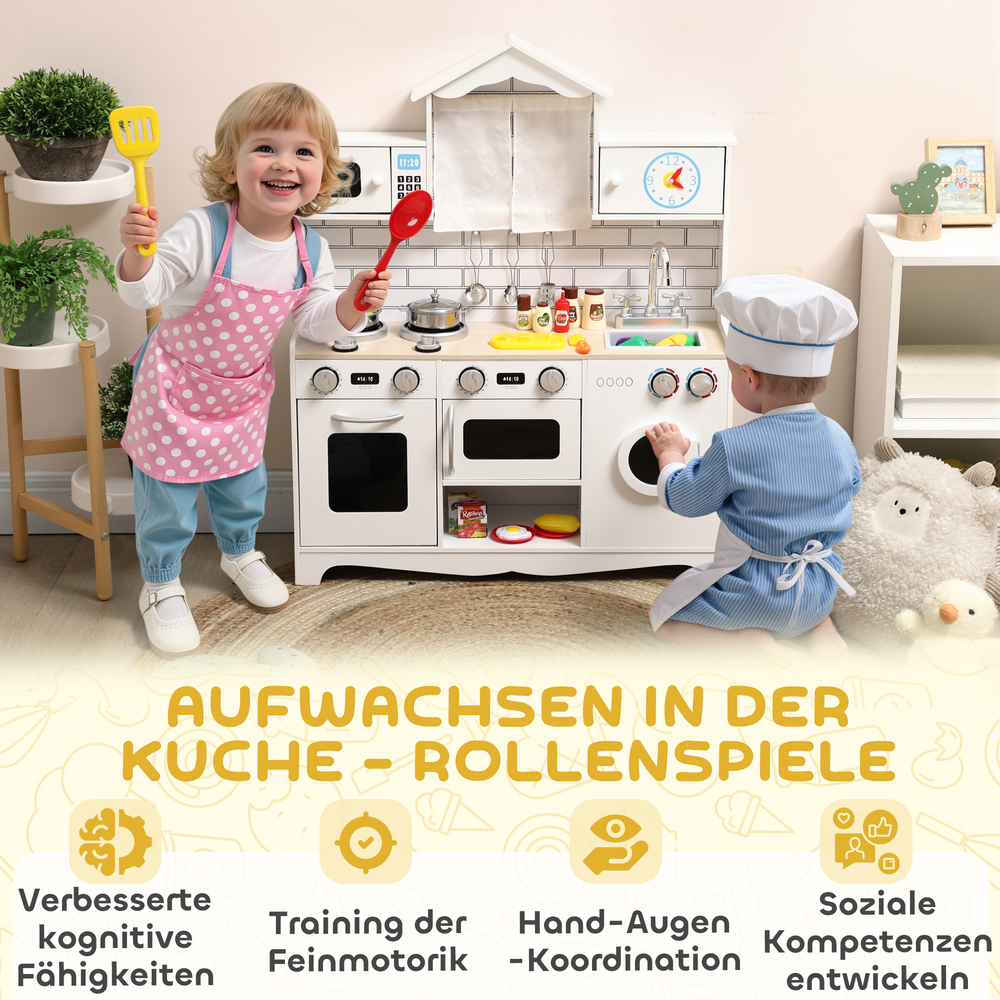 Kinderküche Spielküche mit Ofen Spüle Soundfunktion und Zubehör Geschenk für Mädchen Jungen 3-6 Jahren Weiß