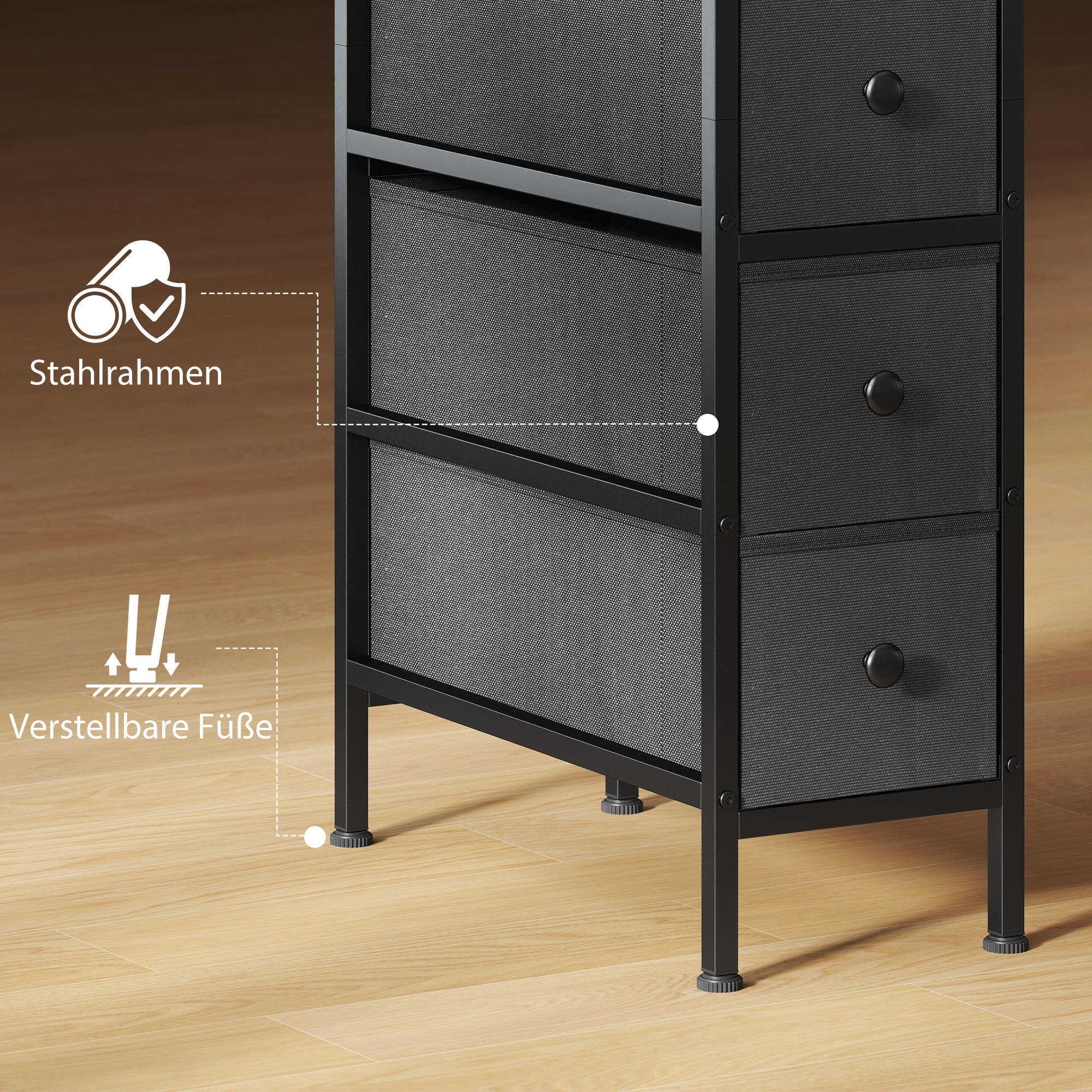 Kommode Schrank mit 4 Schubladen aus Vliesstoff Aufbewahrungsschrank mit Stahlrahmen, 20cm x 43cm x 81,5cm, Schwarz