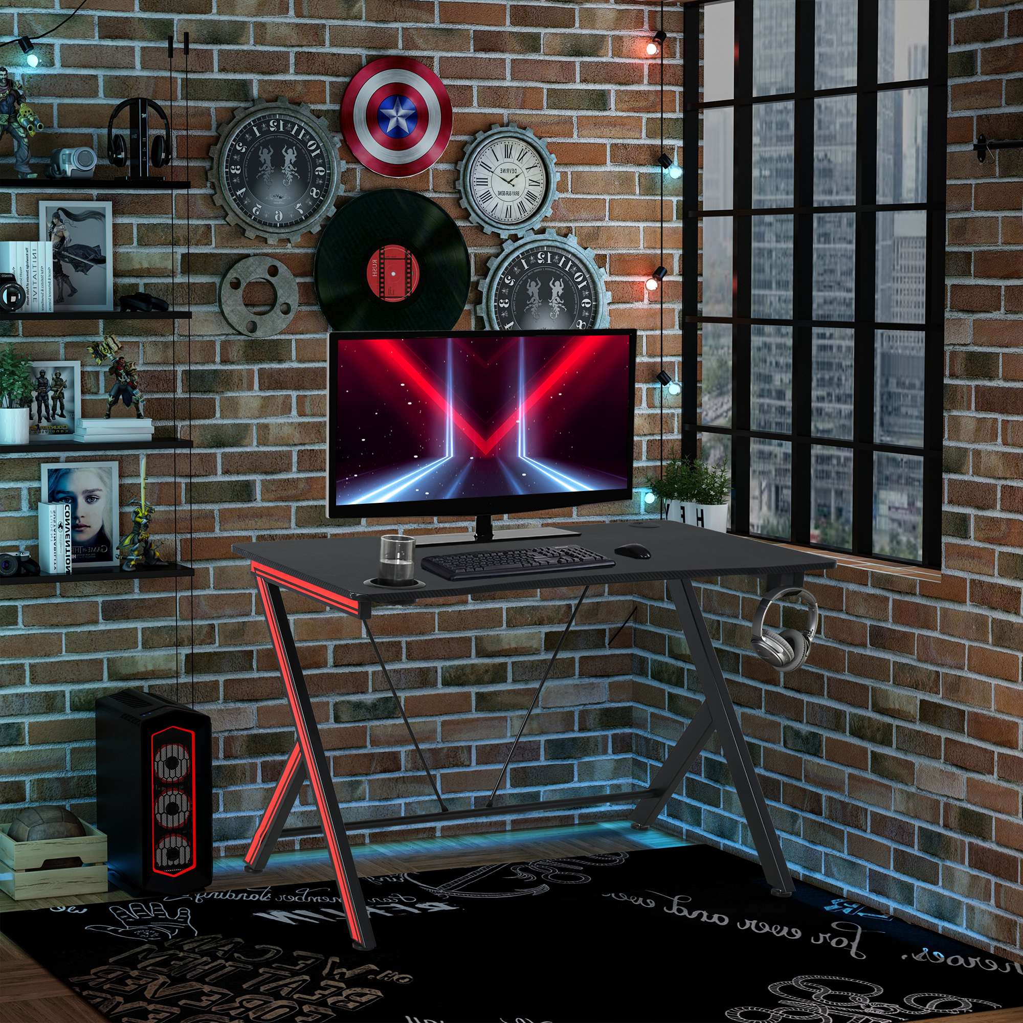 Gaming-Tisch Schreibtisch mit Kopfhörerhaken Getränkehalterung Computertisch Stahl + MDF Schwarz 105 x 55 x 75 cm