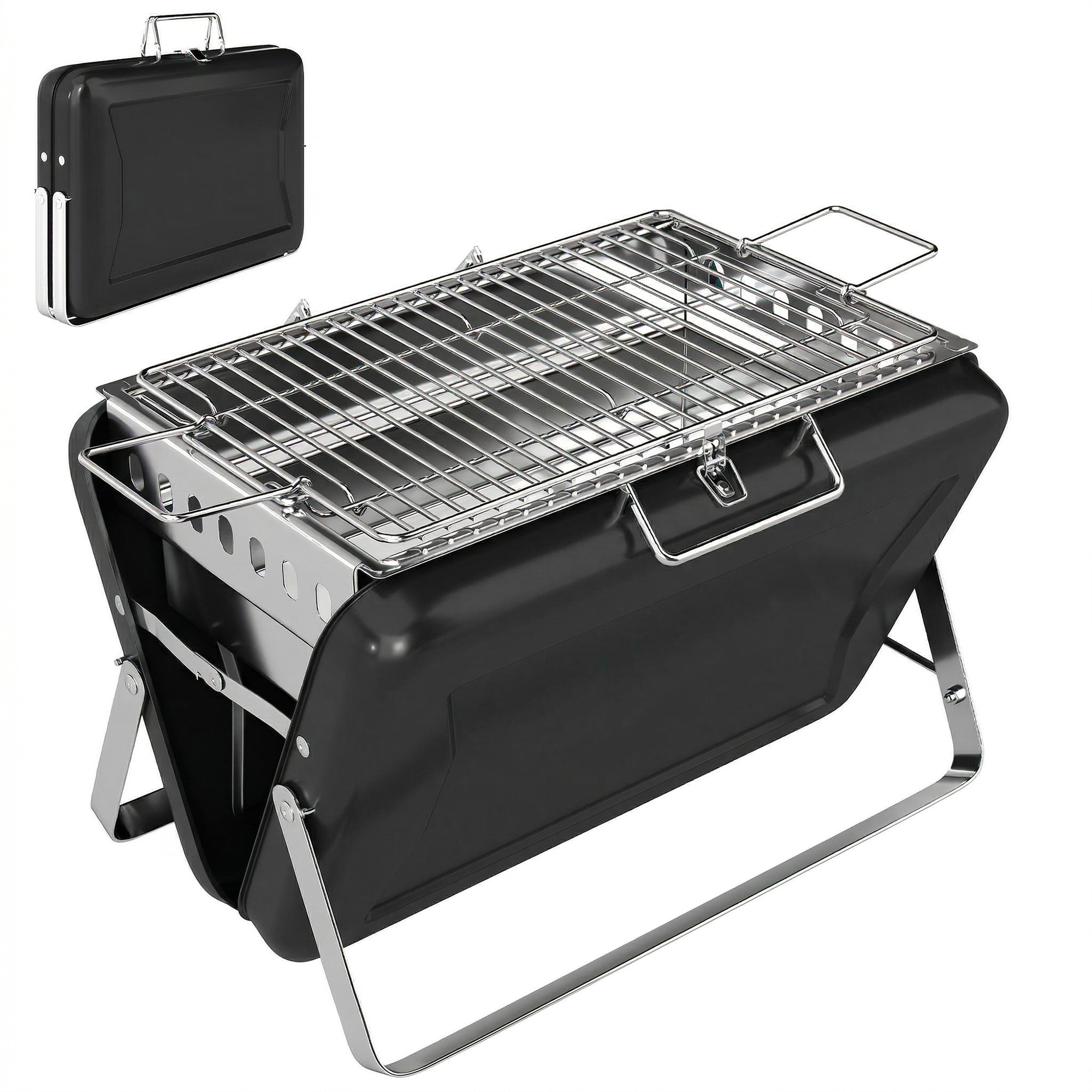 Holzkohlegrill aus Edelstahl BBQ Smoker mit Grillrost Griff klappbaren Beinen für Barbeque Camping 40x28x25,5cm Schwarz
