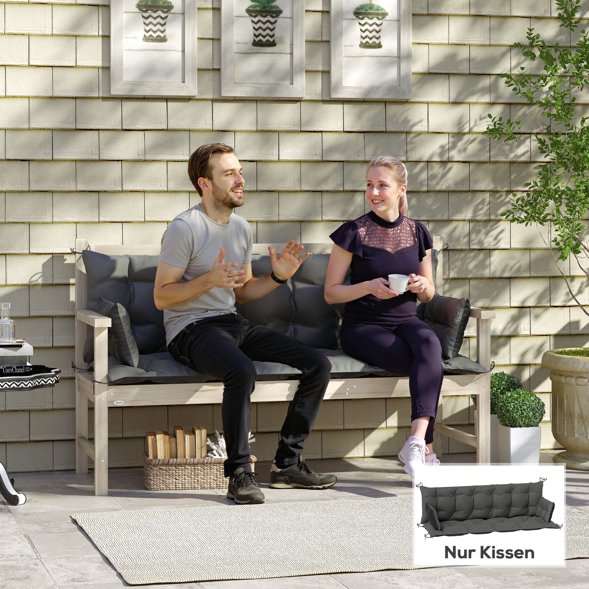 Outdoor-Kissen-Set für Bank oder Hollywoodschaukel, zweifarbig, Polyester, Schaumstoff, 180 x 110 x 8 cm, Dunkelgrau