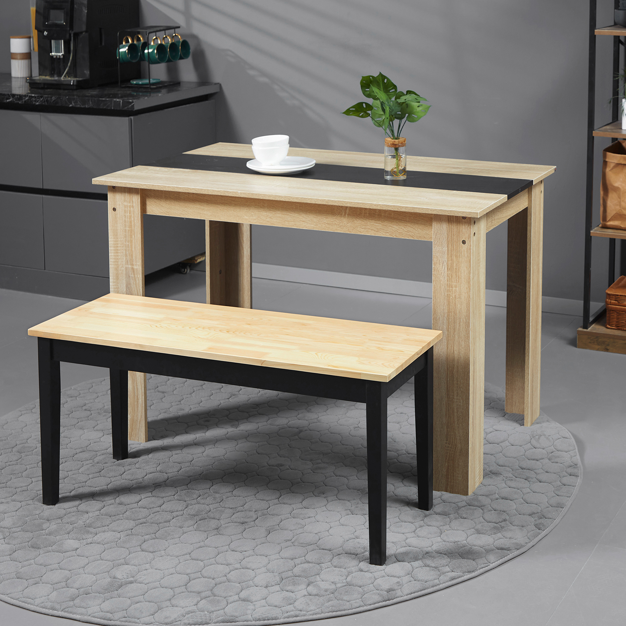 Moderne Sitzbank für 2 Personen, Holzbank, Massivholz, lackiert, Natur+ Schwarz