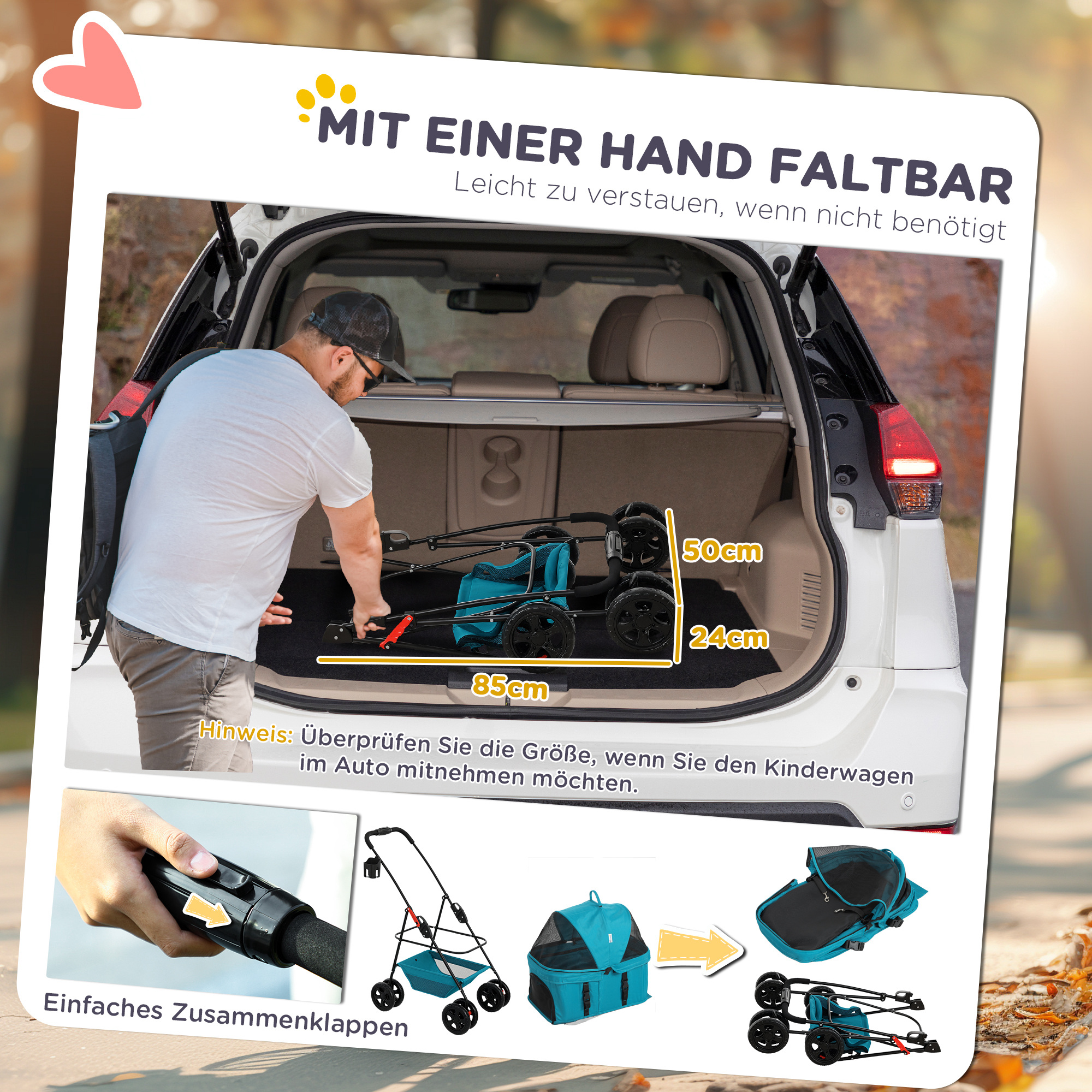 3-in-1-Haustierkinderwagen, zusammenklappbarer Hundewagen mit 4 Rädern und abnehmbarer Trage für Hunde und Katzen Türkis