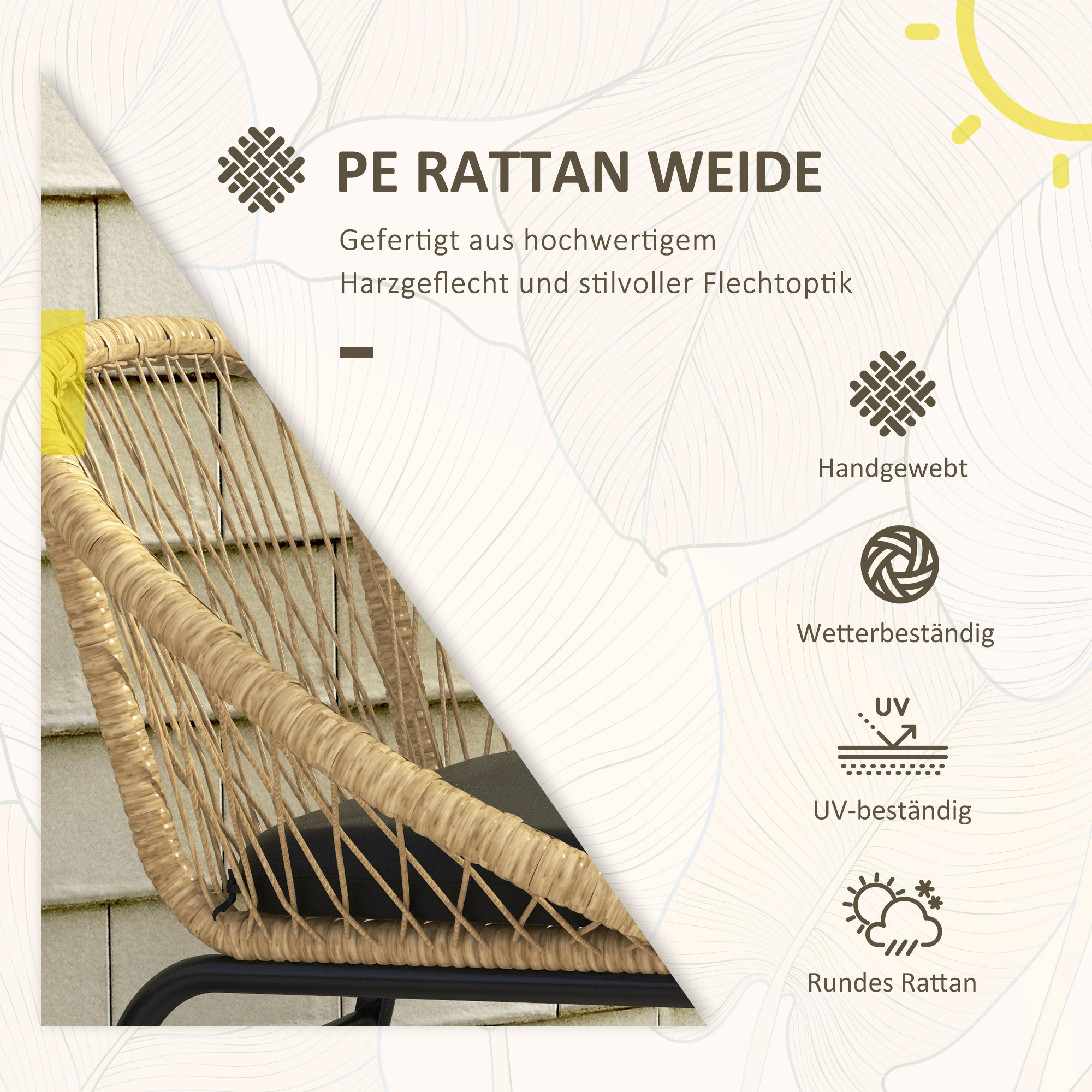 Rattan Terrassengarnitur, Gartenmöbel-Set, 2 Sessel & Tisch, Gelb
