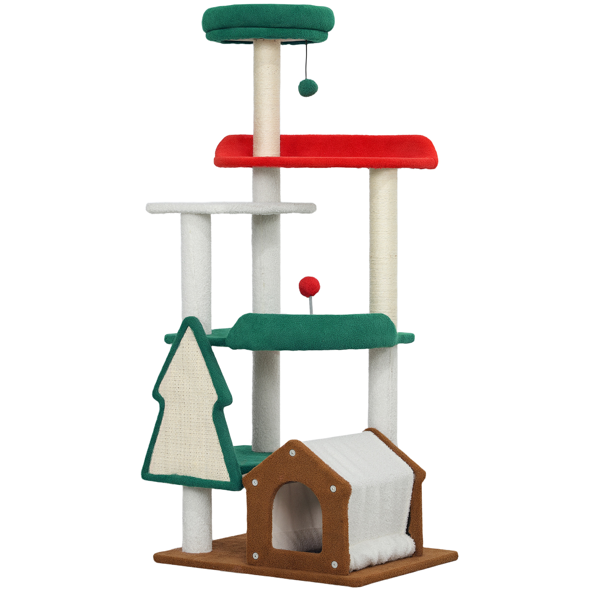 135 cm Katzenkratzbaum in Weihnachtsfarben mit Katzenbett, Katzenhaus, Kratzpfosten, Sprungplattformen, Spielzeugbällen