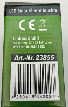 LED Solar Klemmleuchte "SWK 8020" / PIR Bewegungsmelder, 25 LEDs, IP44