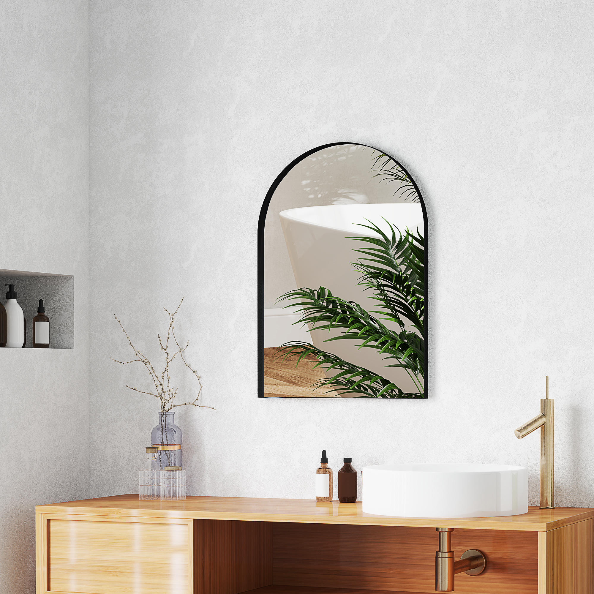 Gebogener Badezimmerspiegel, 50 x 70 cm, Bad-Spiegel mit Aluminium-Rahmen, Deko-Spiegel, Küche, Schwarz