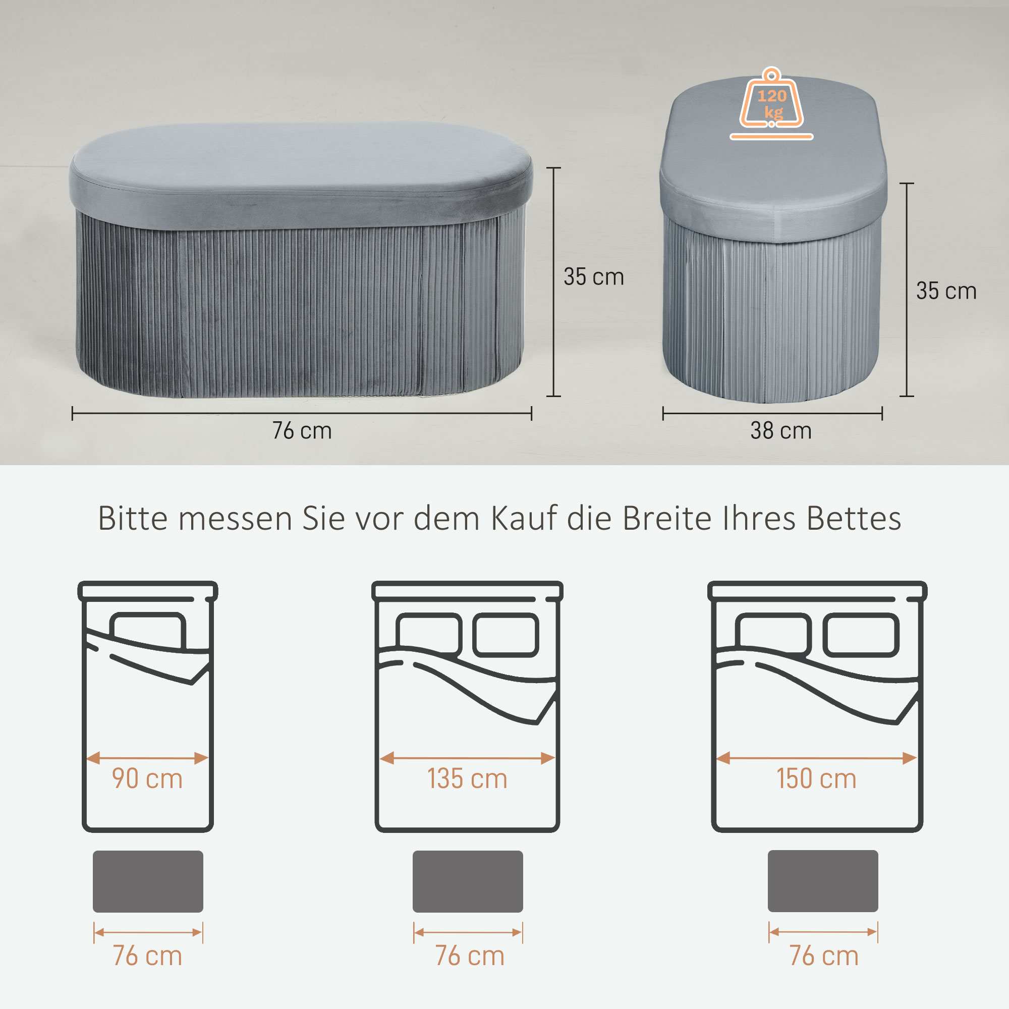 Sitzbank mit Stauraum Klappbar Polsterbank mit Samt-Optik für Wohnzimmer 76 x 38 x 35 cm Dunkelgrau