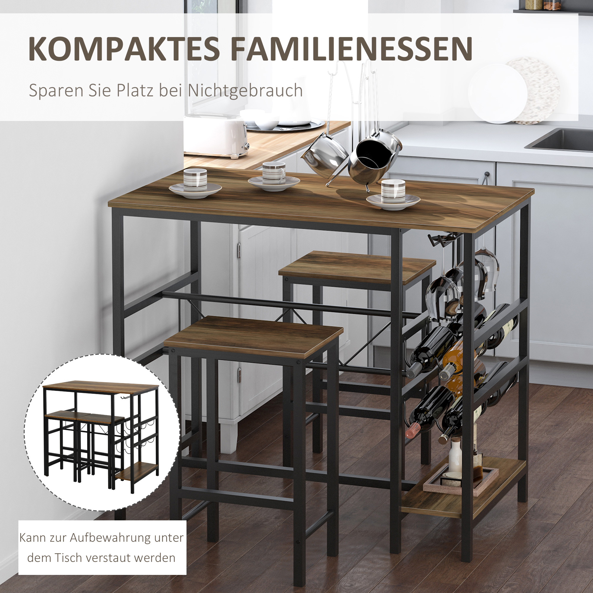 Bartisch-Set, Stehtisch mit 2 Barhockern, 3-teiliges Tischset Küchentresen mit Flaschenhalterung Spanplatte, Stahl, Natur+Schwarz, 108 x 60x 95H cm