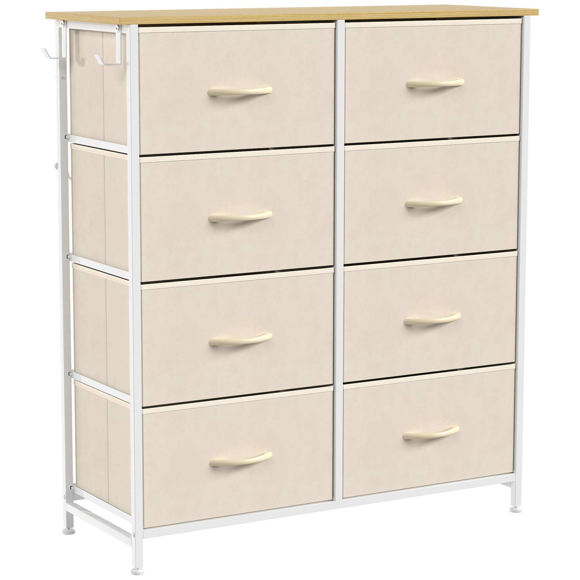 Schlafzimmer-Kommode mit 8 Stoffschubladen, Stahlstreben, Holzoberfläche, 4 Aufbewahrungstaschen, 2 Haken, Beige