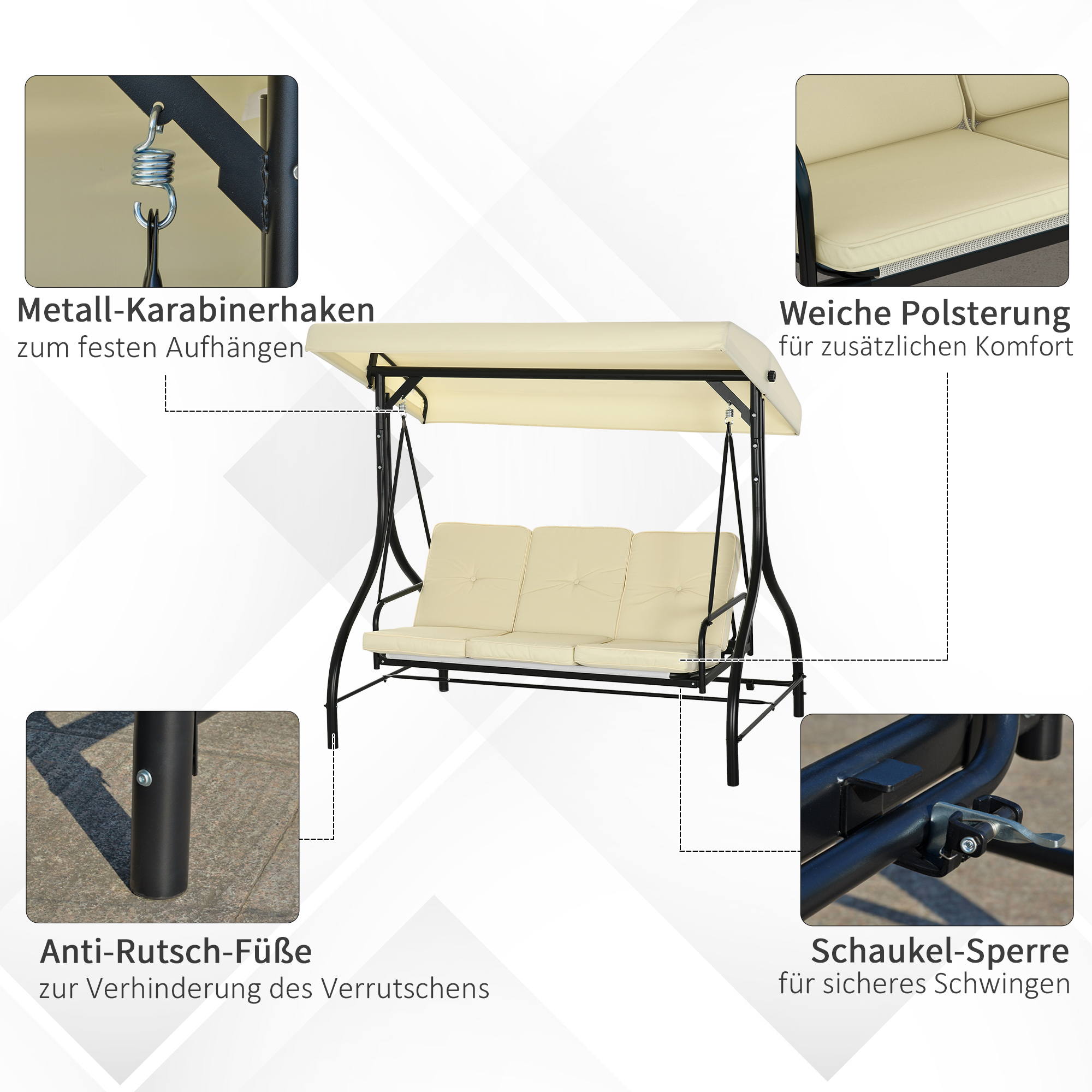 Schaukelbank, Hollywoodschaukel mit Sonnenschutz, Gartenschaukel, Verandaschaukel, 3 Sitze, Schaukelbett