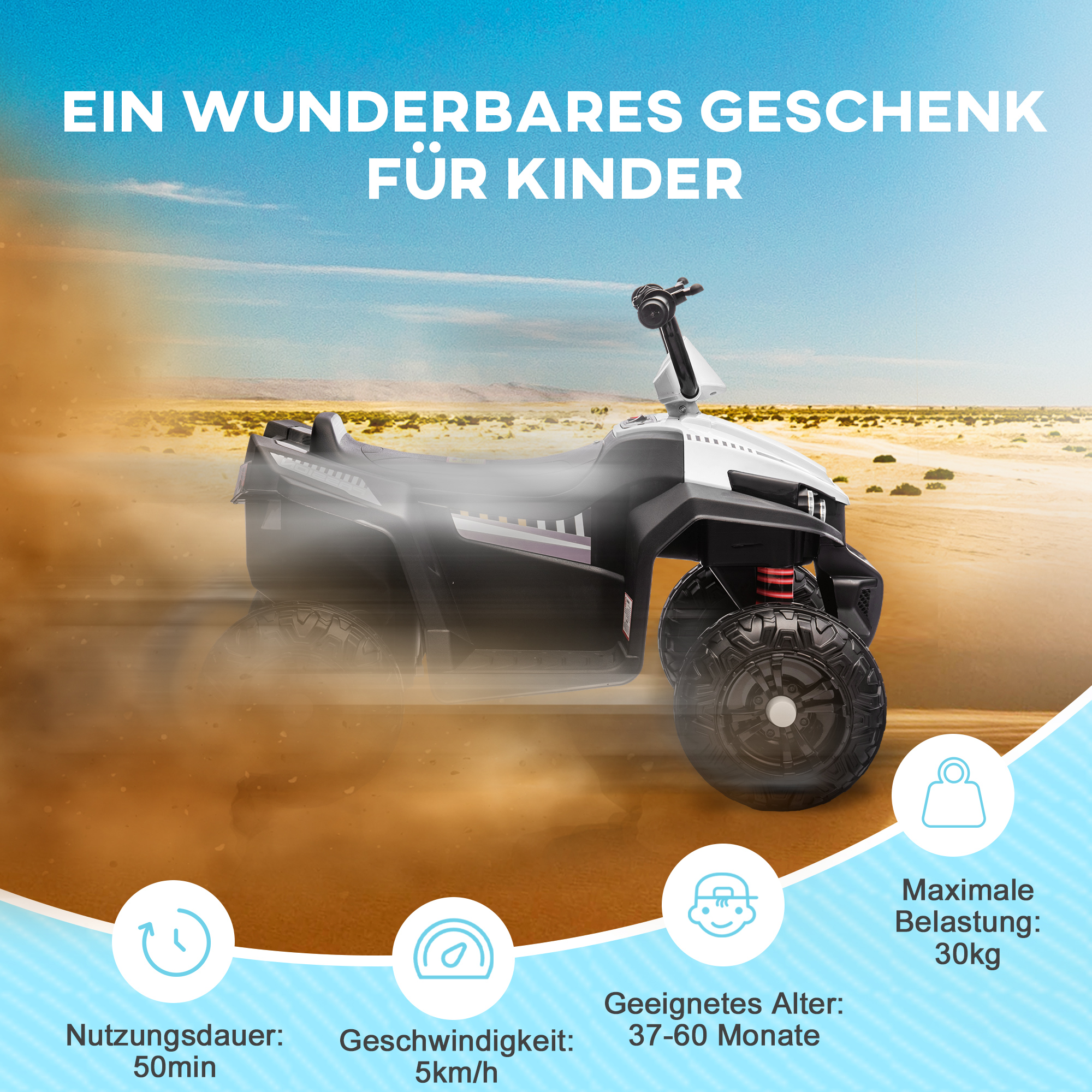 Elektro-Kinderquad, Licht & Musik, Federung, 5 km/h, 50 Min. Fahrzeit, für 3-5 Jahre, Weiß