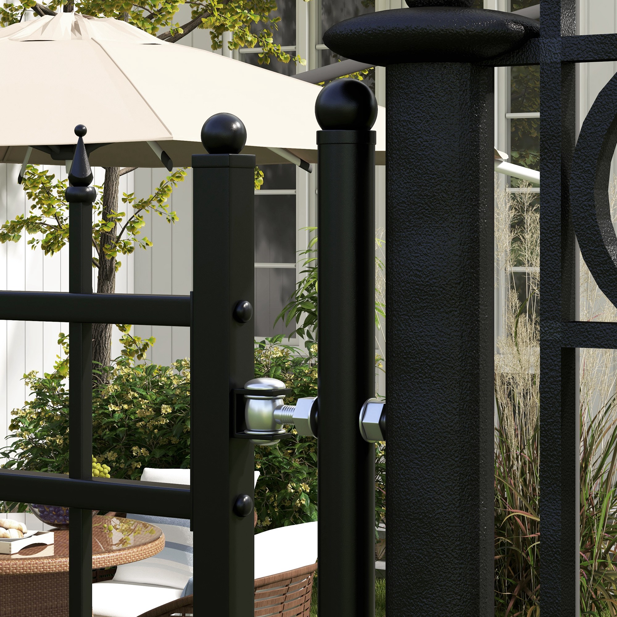 Gartentor, Schloss und Schlüssel, dekorative Spitzen, rostfreier Stahl, 107x204cm, Schwarz