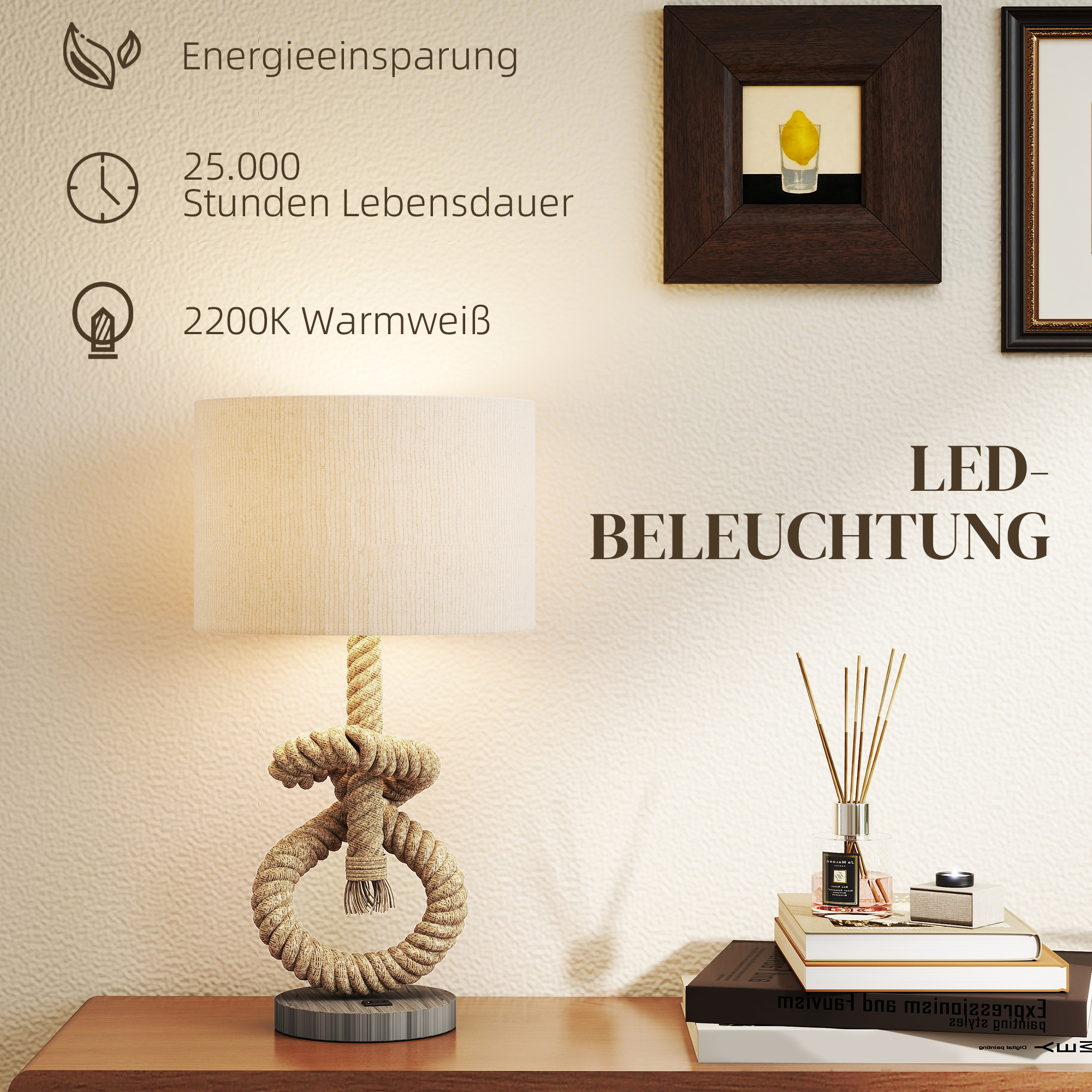 Tischleuchte im maritimen Stil, USB-Ladeanschluss, warm, Seil-Dekor, 30x30x55 cm
