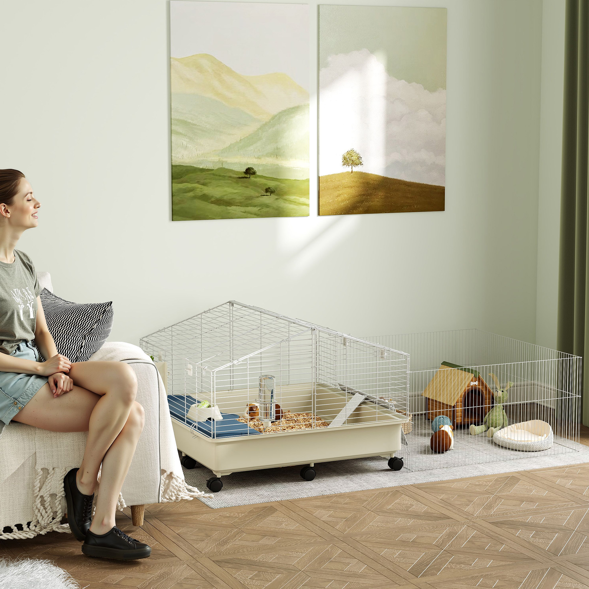 Kleintierkäfig, Balkon, Rampe, Futtertrog, Wasserflasche, 2-Ebenen-Design, Weiß