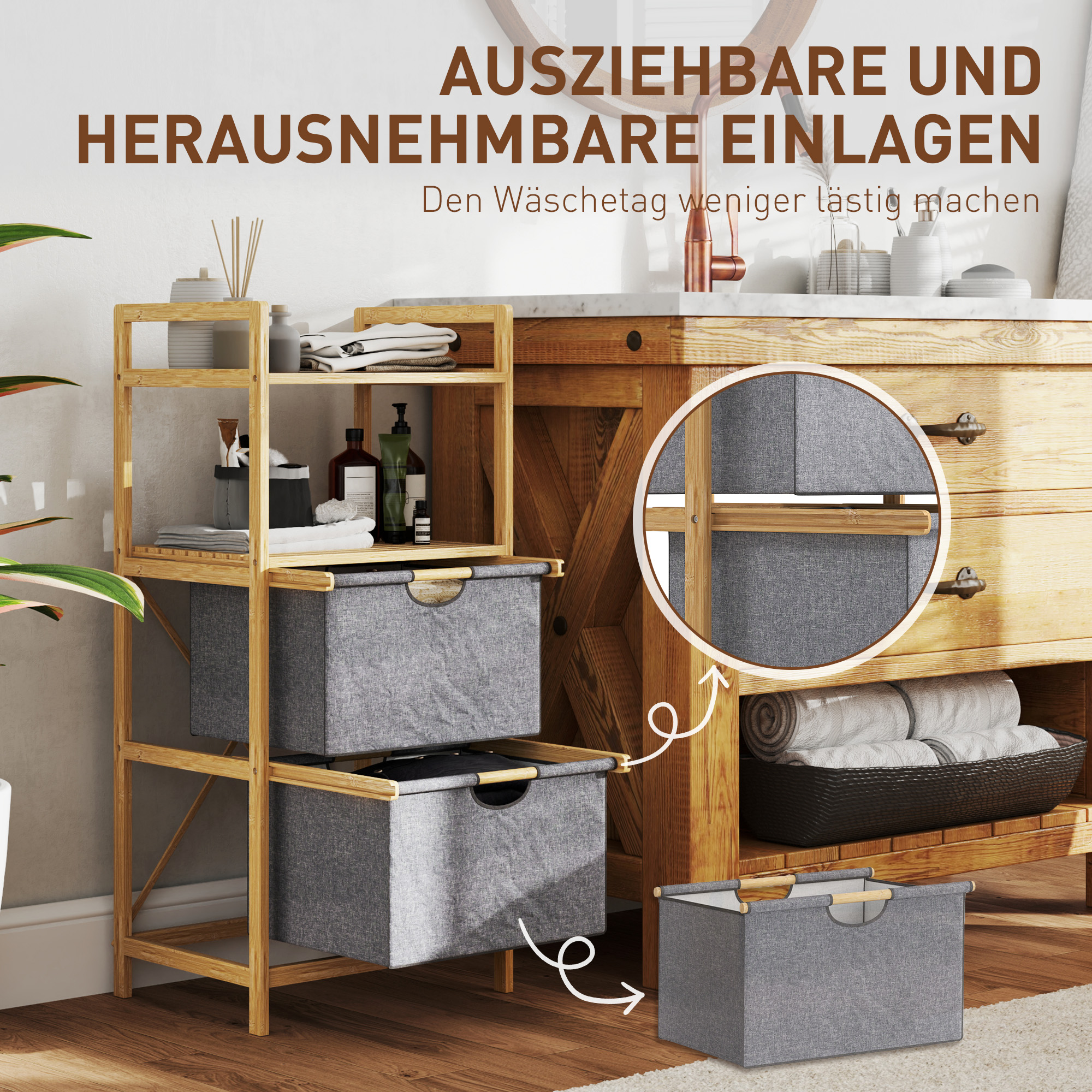 Bambus-Wäscheregal, mit 2 Wäschekörben aus Stoff, offene Ablagen, platzsparend, Naturholz