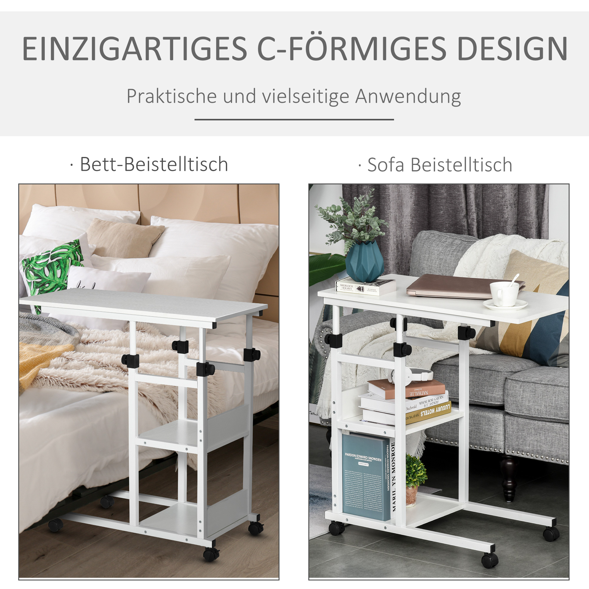 Beistelltisch mit Rollen, höhenverstellbar, kompakt, 2 Ablageböden, Metallrahmen, 80x40x72-82 cm, Weiß
