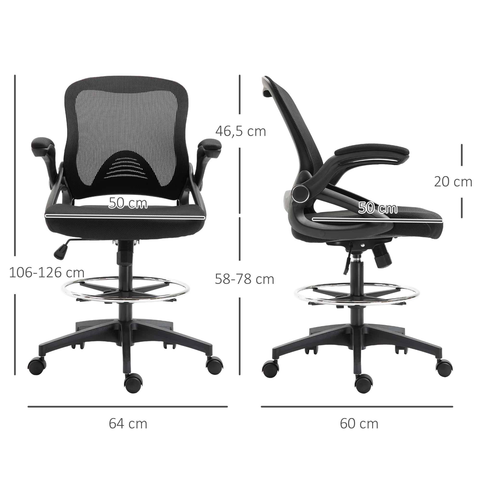 Bürosessel, Schreibtischstuhl, Stehfunktion, mit Fußablage, drehbarer Sitz, Stahl, schwarz, 64 x 60 x 106-126cm