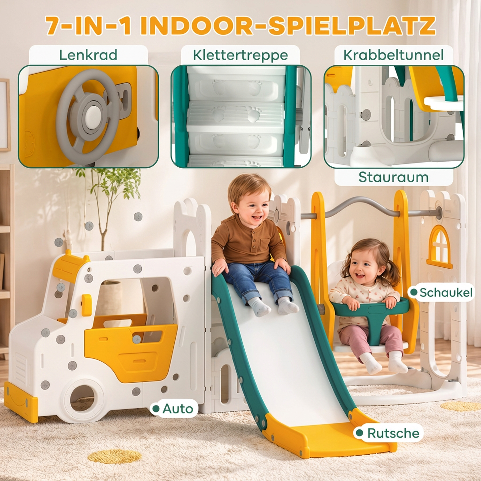 7 in 1 Kinderrutsche mit Schaukel Tunnel Gartenrutsche mit Auto Lenkrad Hupe Klettergerüst 4PCS Moduls 1–4 Jahre Weiß