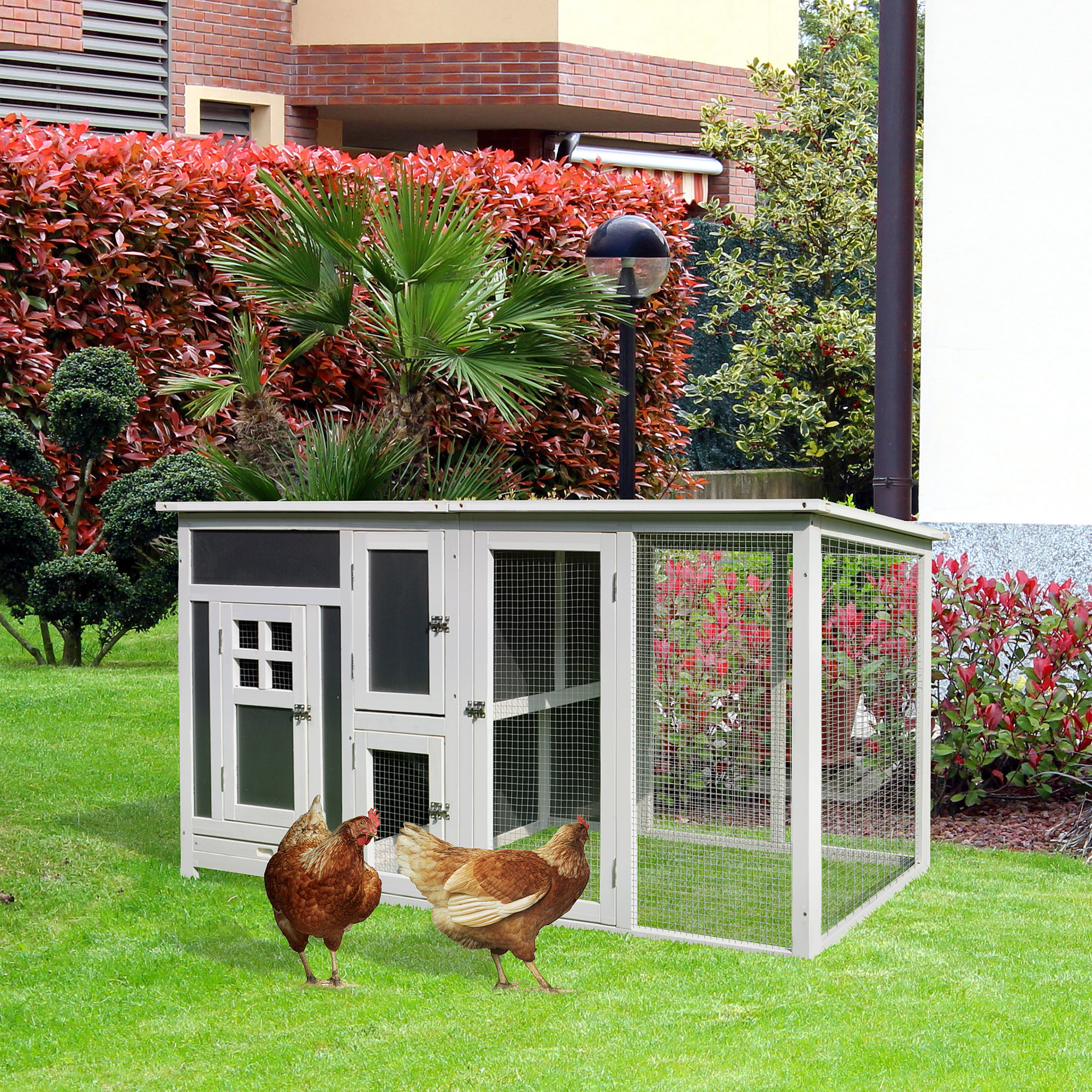 Hühnerstall Hühnerhaus Geeignet für 1-2 Hühner, mit Nistkasten Eierkiste mit 2 Fächern, Tanne, Grau+Weiß, 160 x 75 x 80 cm