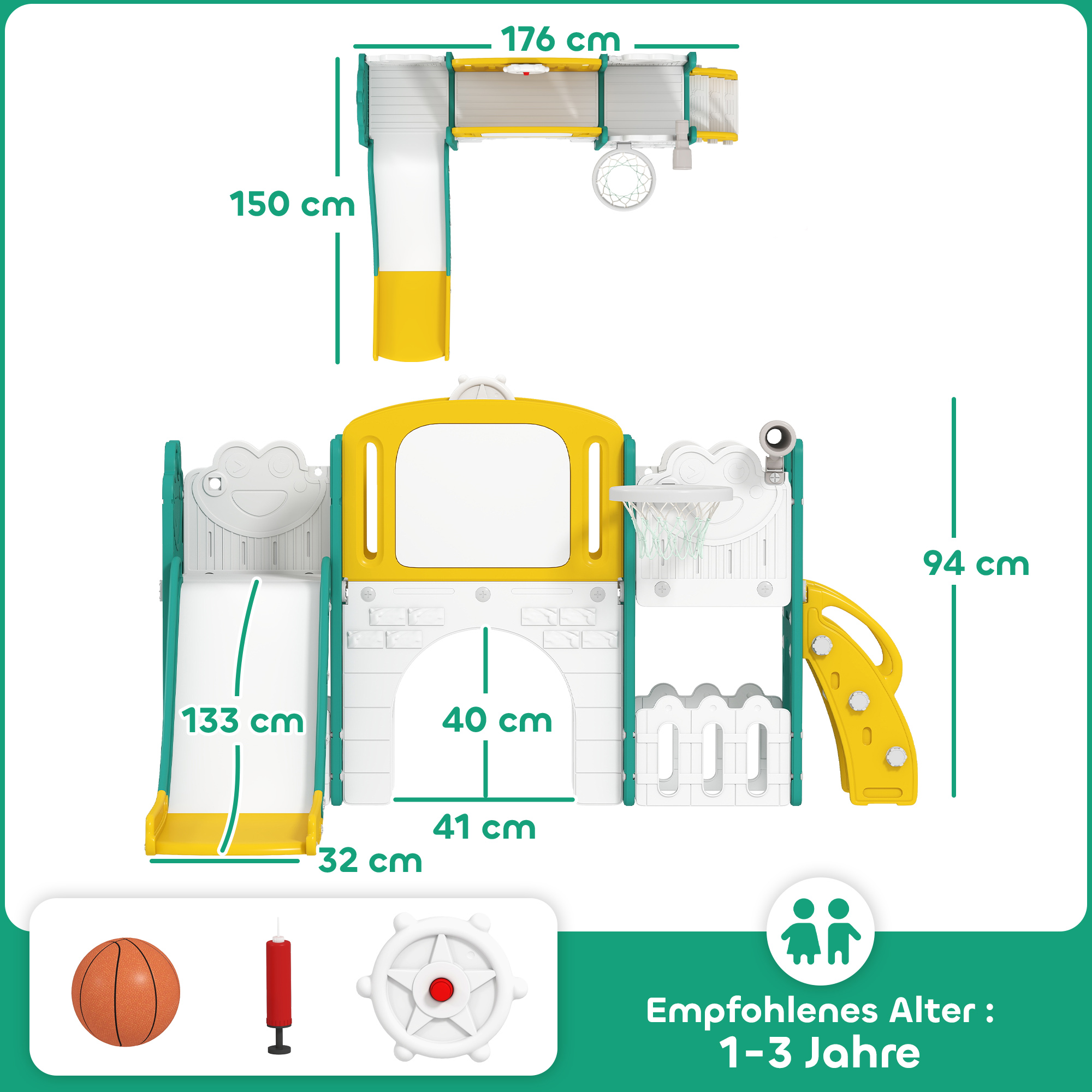 7-in-1 Rutschenset für Kleinkinder, Basketballkorb, Froschdesign, Klettergerüst, Schaukelsitz, für drinnen und draußen, Gelb+Grün