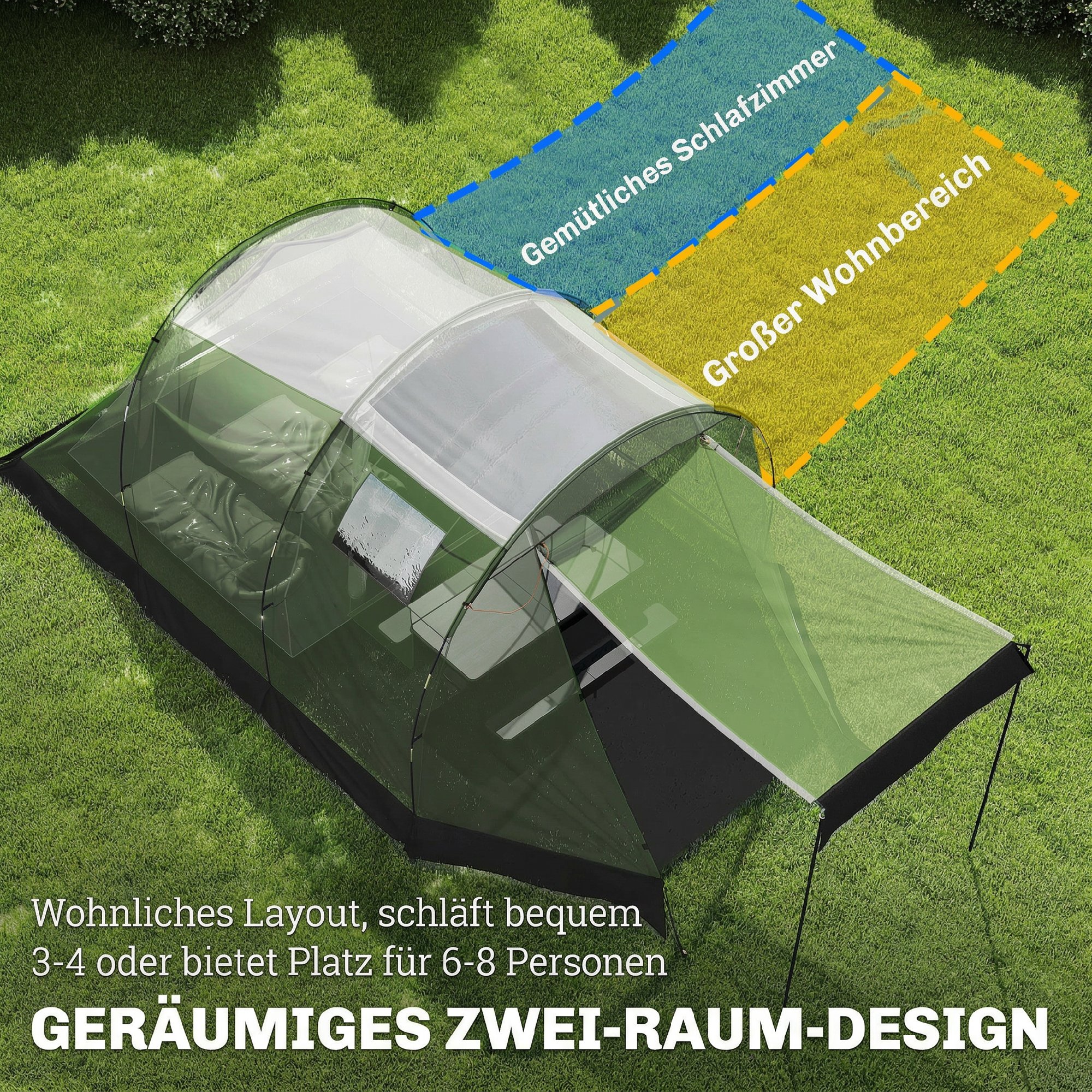 Campingzelt für 3-4 Personen stabil 3000mm wasserdicht Familienzelt mit Schlafkabine Vorraum Wohnbereich Grün