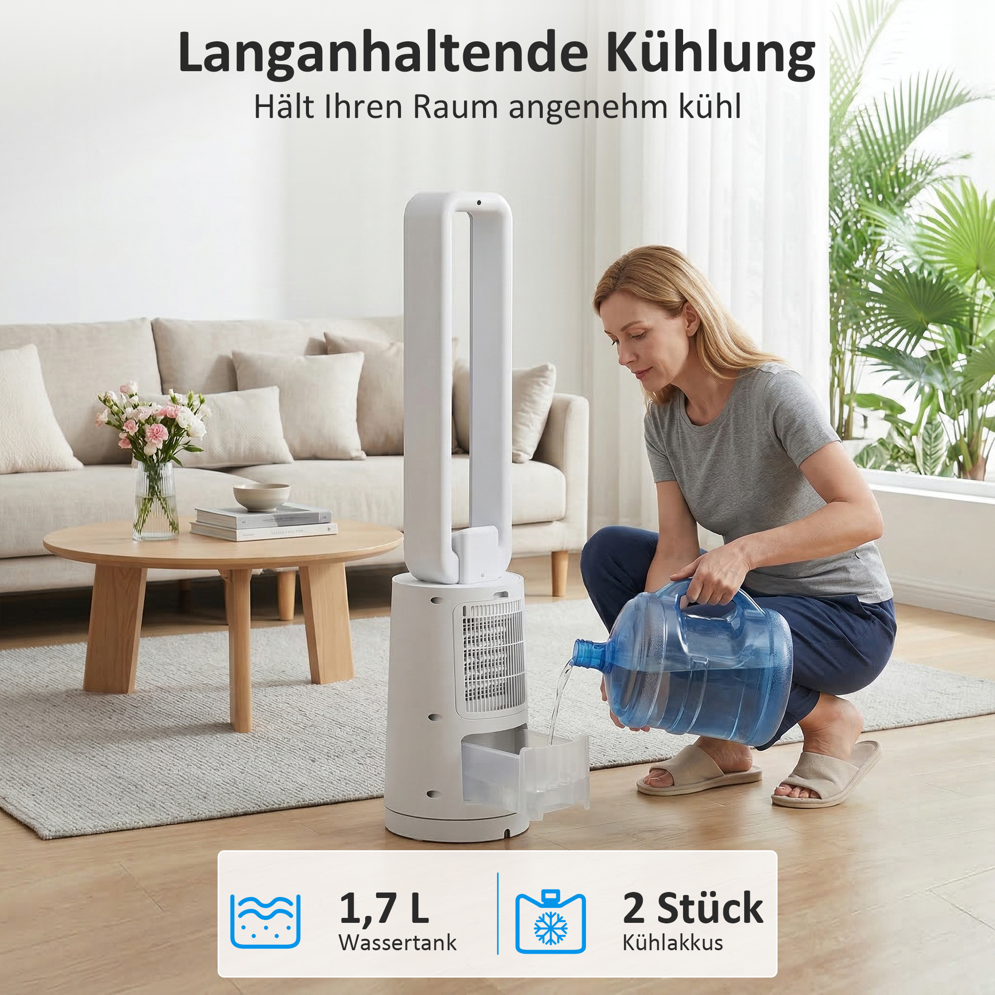 Verdunstungsluftkühler mit Fernbedienung, 15-Stunden-Timer, Kühlakku für Zuhause und Büro, Weiß