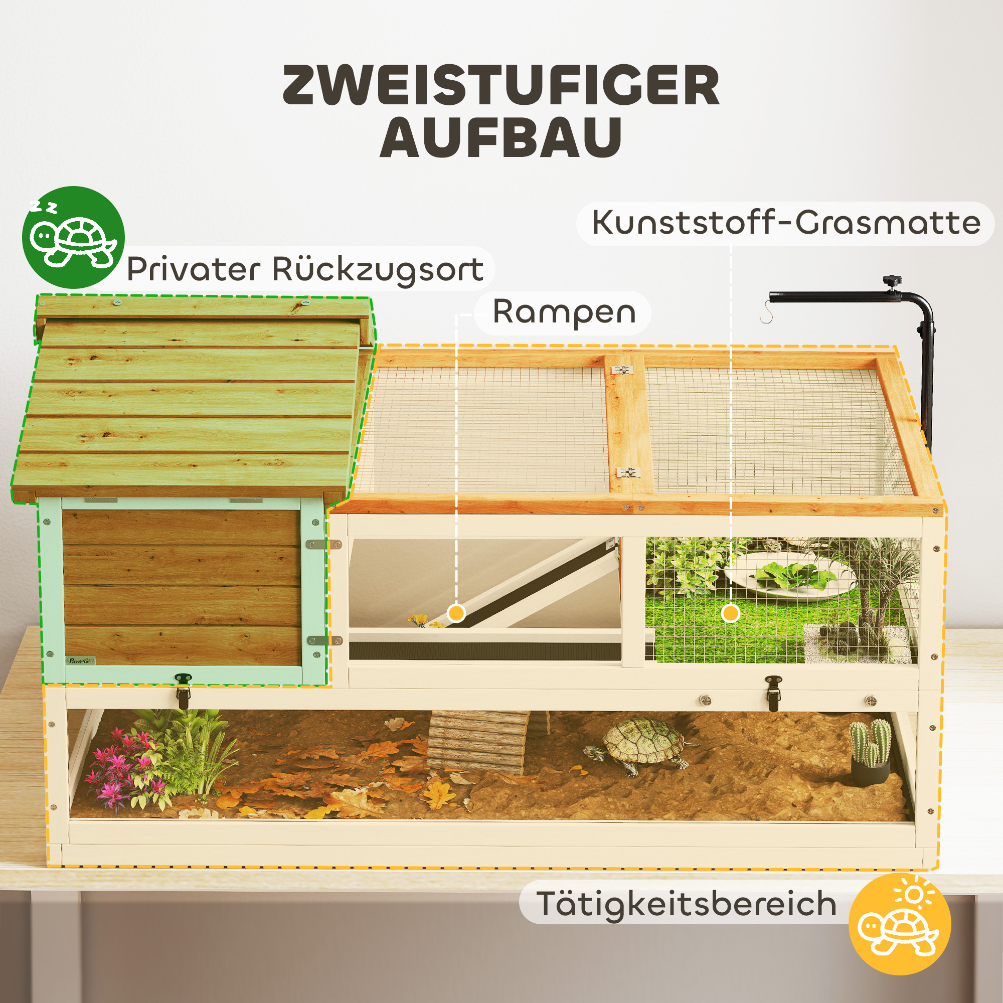 Schildkrötenhaus, 2-Ebenen-Gehege, Lampenhalter, Kleintierkäfig, Orange