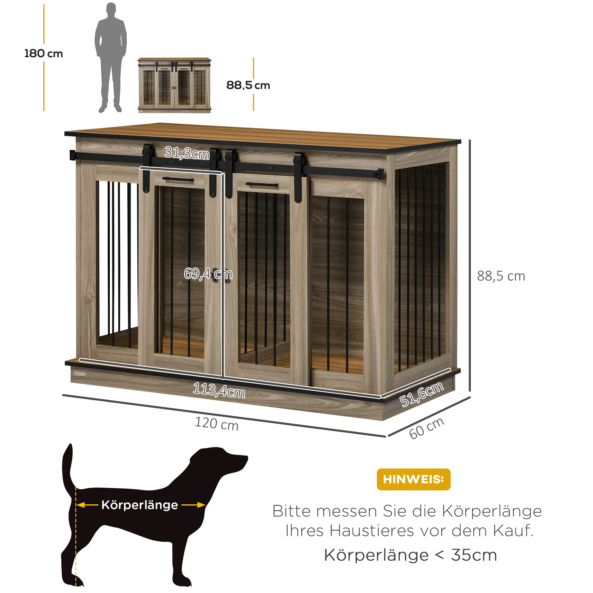 Hundekäfig mit 2 Türen, Hundebox, Transportbox für Hunde, rustikales Design, verriegelbar, Braun