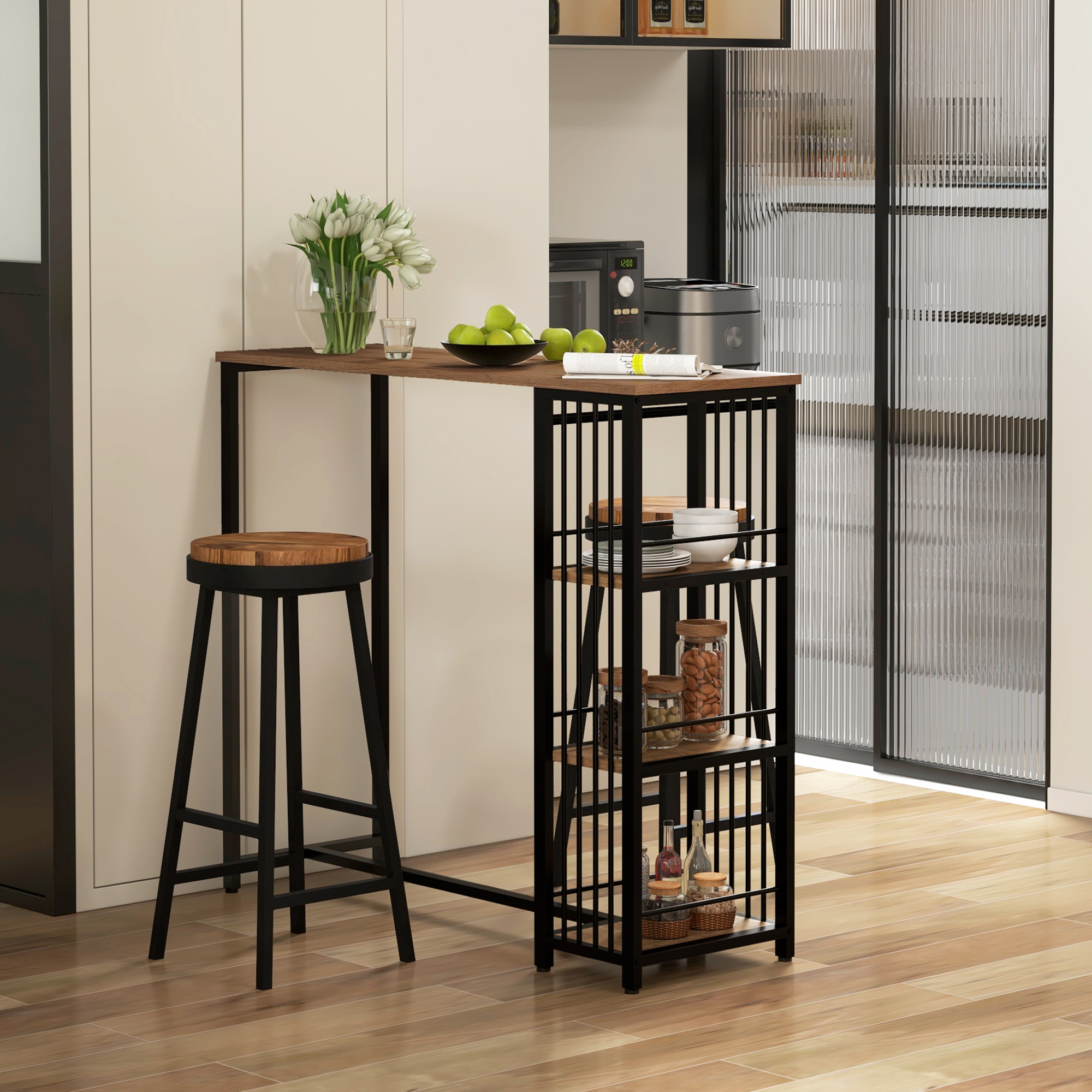 Bartisch Stehtisch Küchentresen, Industriedesign, 3 Regale, 120 x 40 x 105 cm; Schwarz + Braun