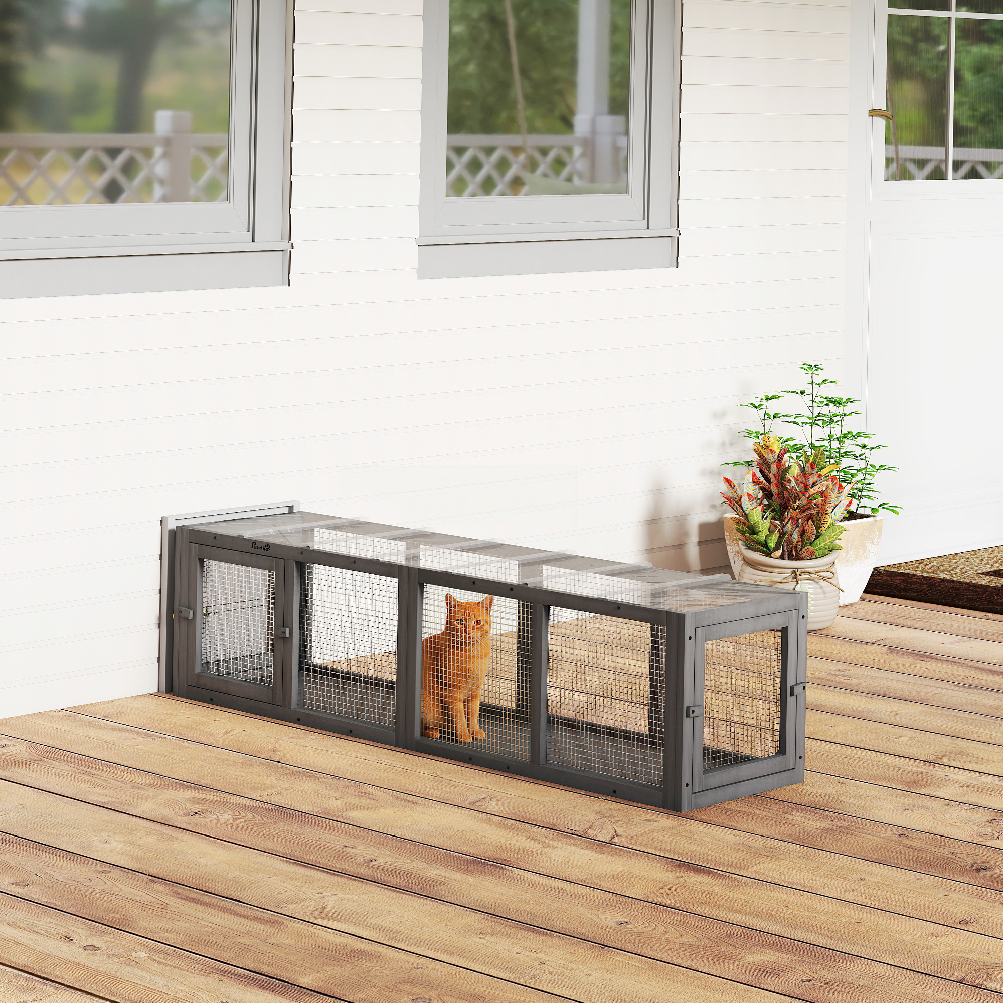 Katzentunnel Katzenspielzeug aus Holz mit 3 Türen, erweiterbar Spieltunnel für Katzen bis 10 kg, 151,5 x 38,5 cm Grau