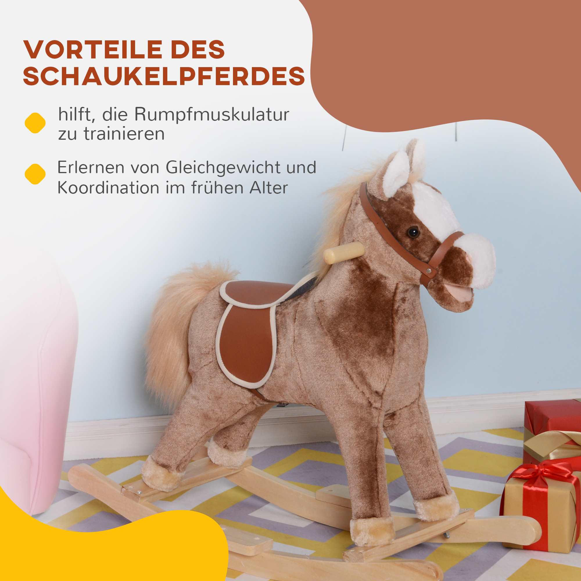 Schaukelpferd, Schaukeltier mit Haltegriffen, Plüsch Baby Schaukel Schaukelsitz für Kinder ab 3 Jahren