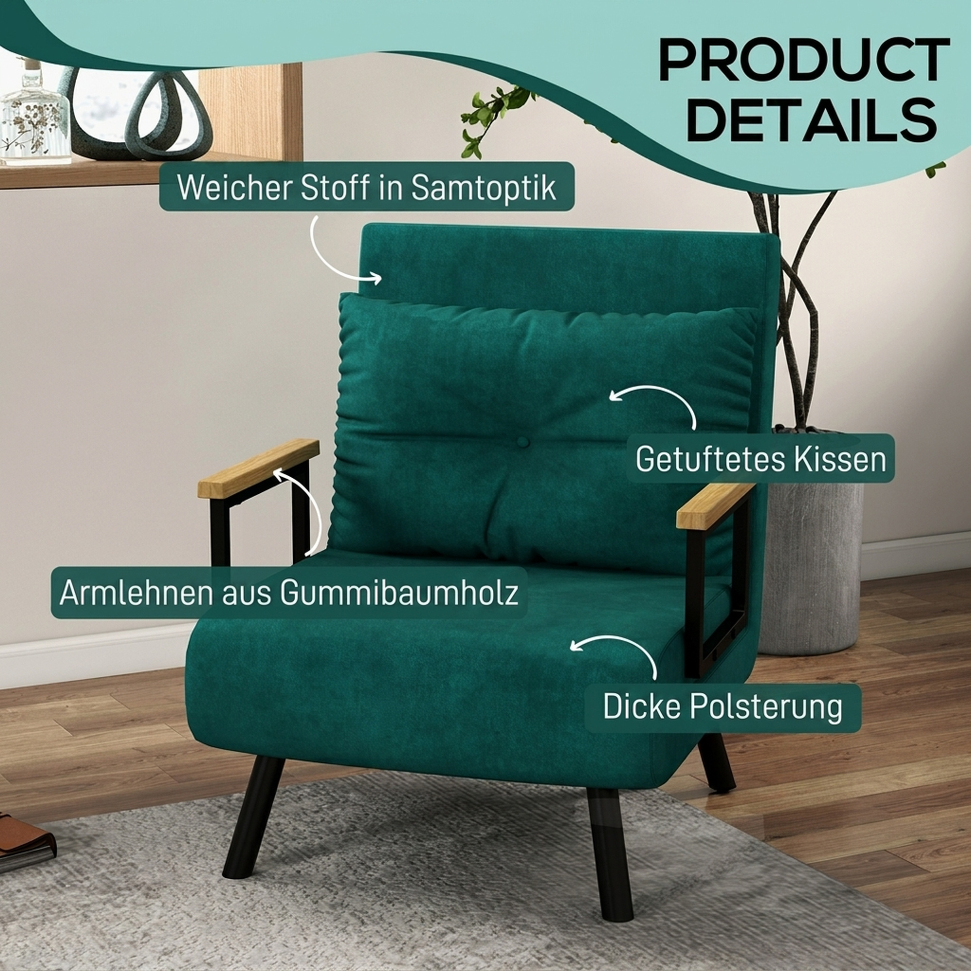 Relaxsessel im Skandidesign, Liegesessel, Lesesessel. ink. Kissen mit Knopfhefung, Schwarz + Natur