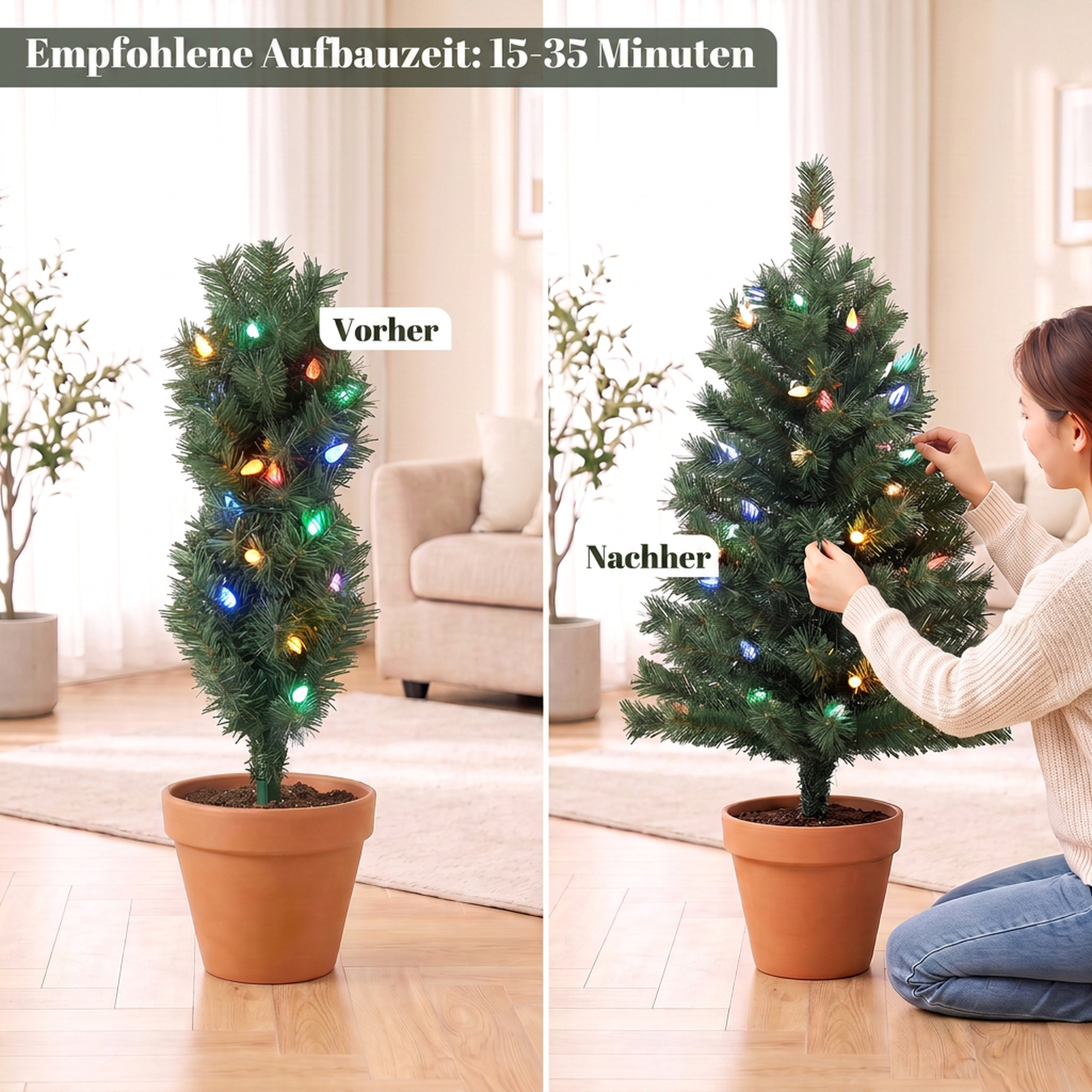 Beleuchteter Weihnachtsbaum 60 cm, 2er-Set, künstlich, mit 60 bunten LED-Lichtern, 130 Zweigspitzen, Grün