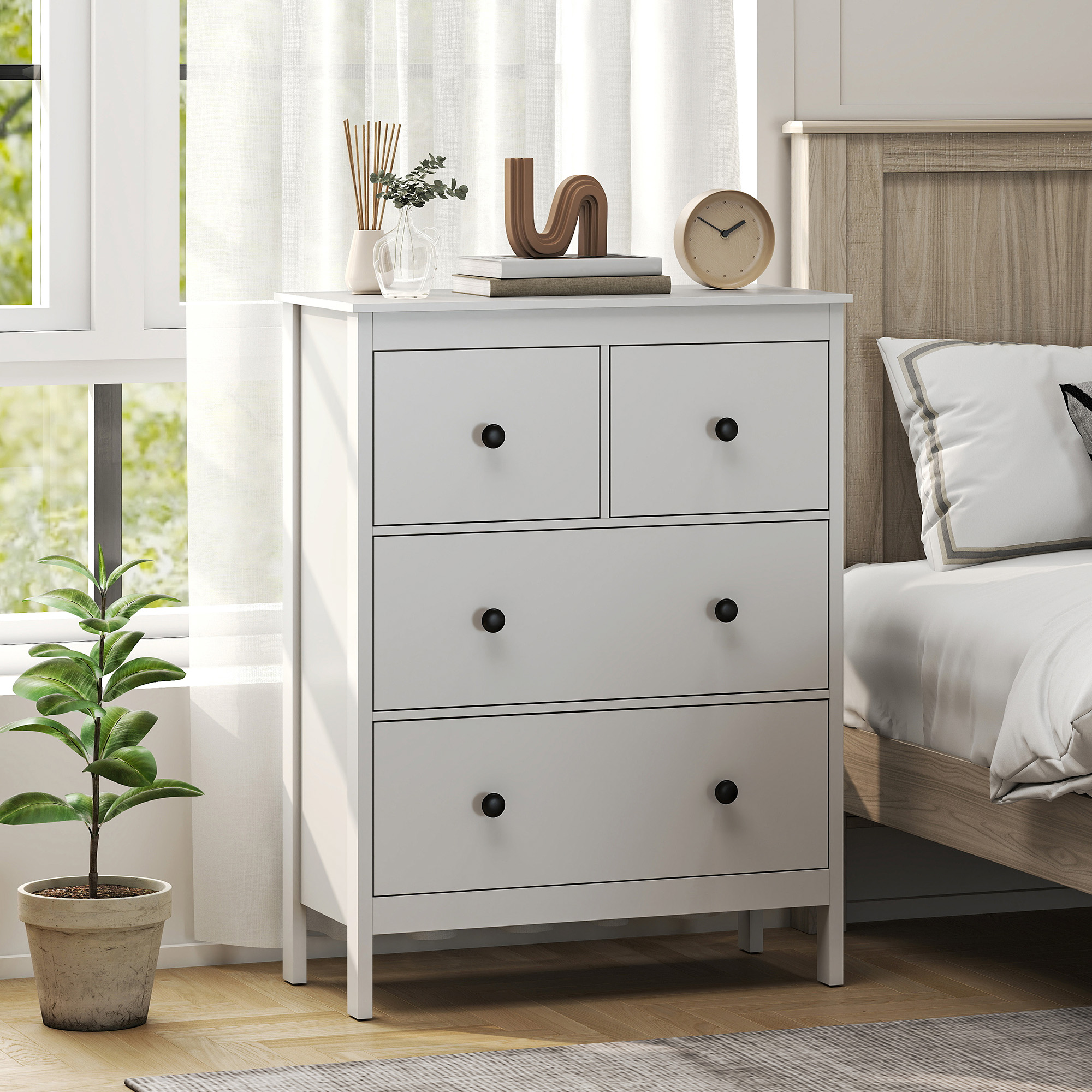Kommode mit 4 Schubladen, für Kleidung & Bettwäsche, Wohnzimmer, Schlafzimmer, Flur, Spanplatte, Weiß