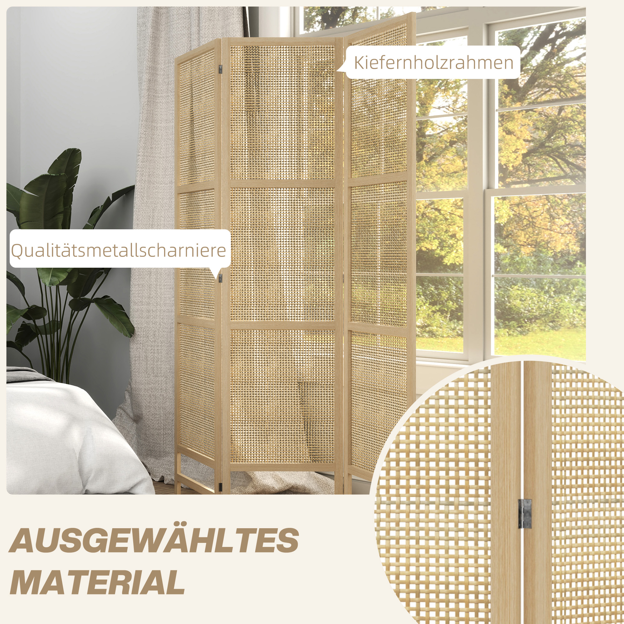 3-teiliger Raumteiler, 180 cm faltbarer Wandschirm, Freistehender Raumtrenner mit handgewebtem Design für Zuhause, Natur
