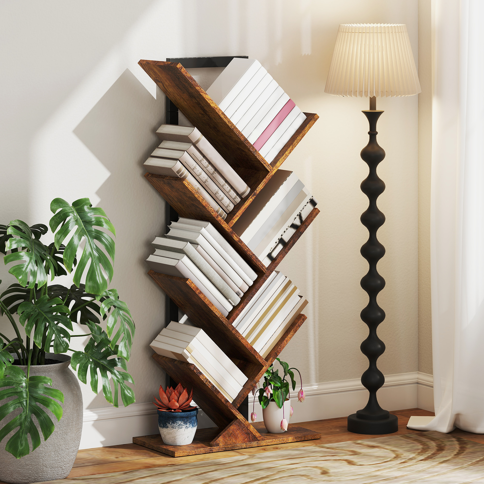 Bücherregal Standregal mit 7 Ebenen Schmal Regal im Baumform für Büro, Rustikal Braun