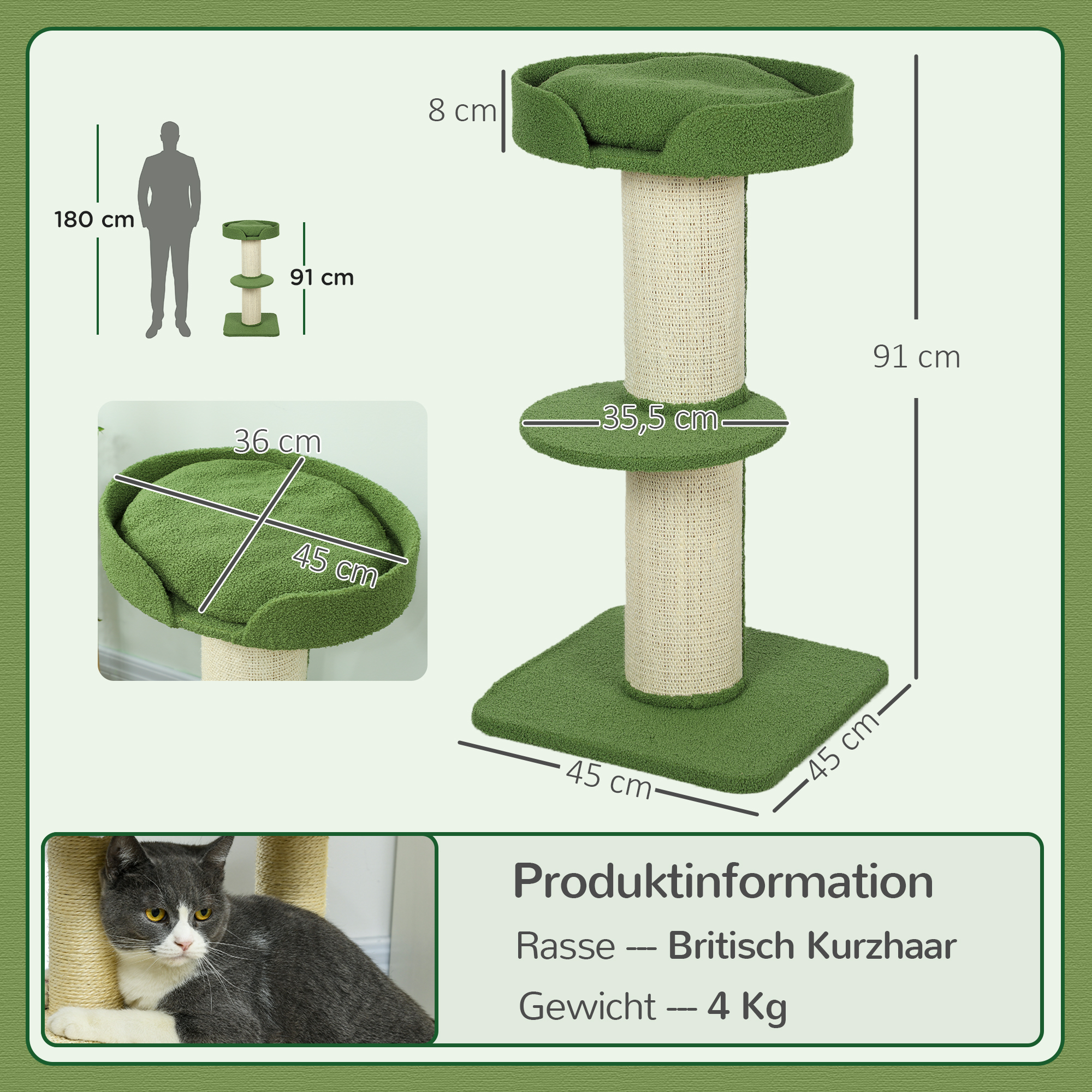 Katzenbaum  91cm Spielbaum mit Katzenbett, Plattform Lammwolle Grün