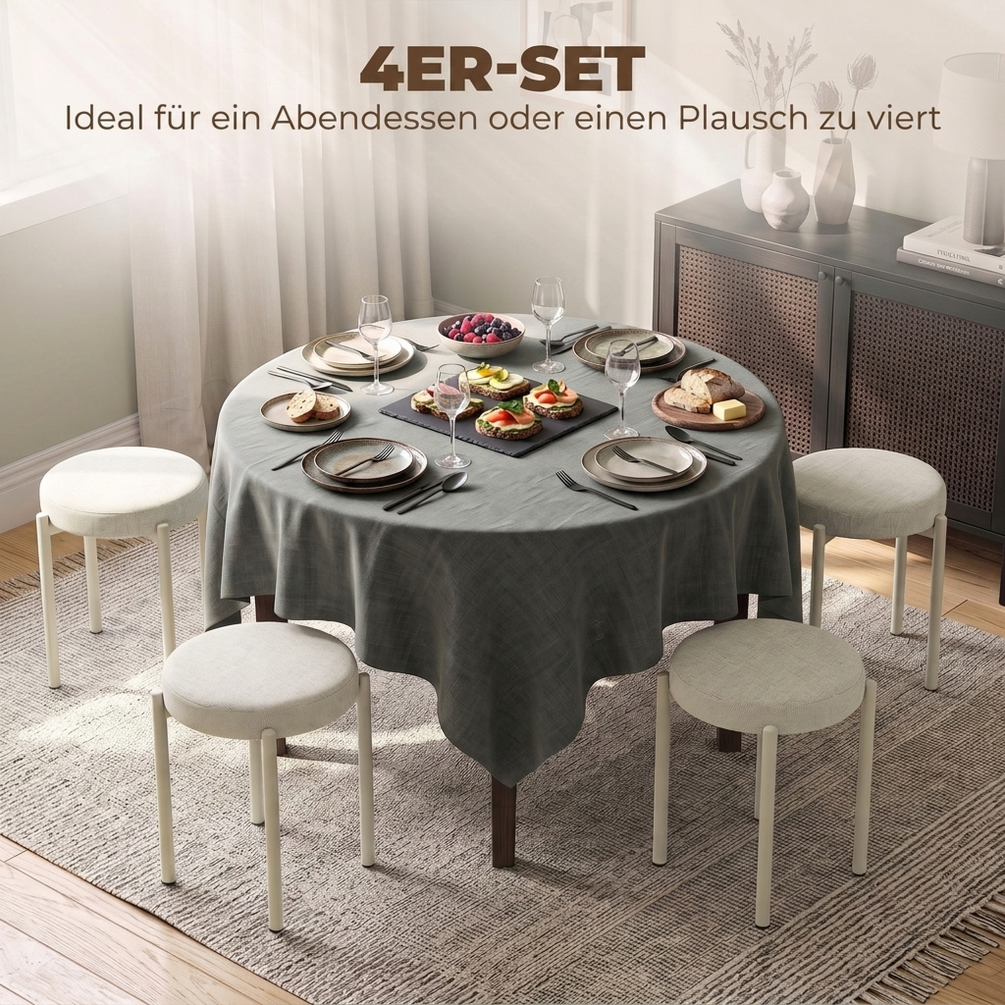 Esszimmerhocker 4er Set Stapelbare Sitzhocker mit Stahlbeinen, Leinenoptik für Esszimmer, Wohnzimmer, Küche, Cremeweiß