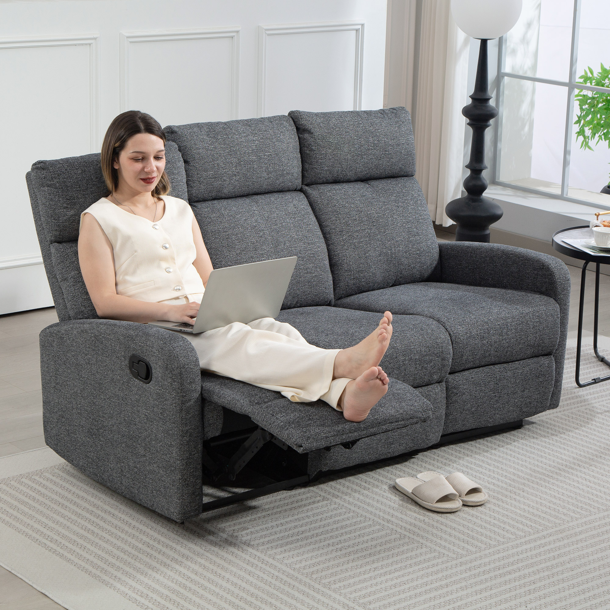 3-Sitzer-Sofa, individuell verstellbare Rückenlehnen, Fußstütze, Stoffbezug, Metall, Grau