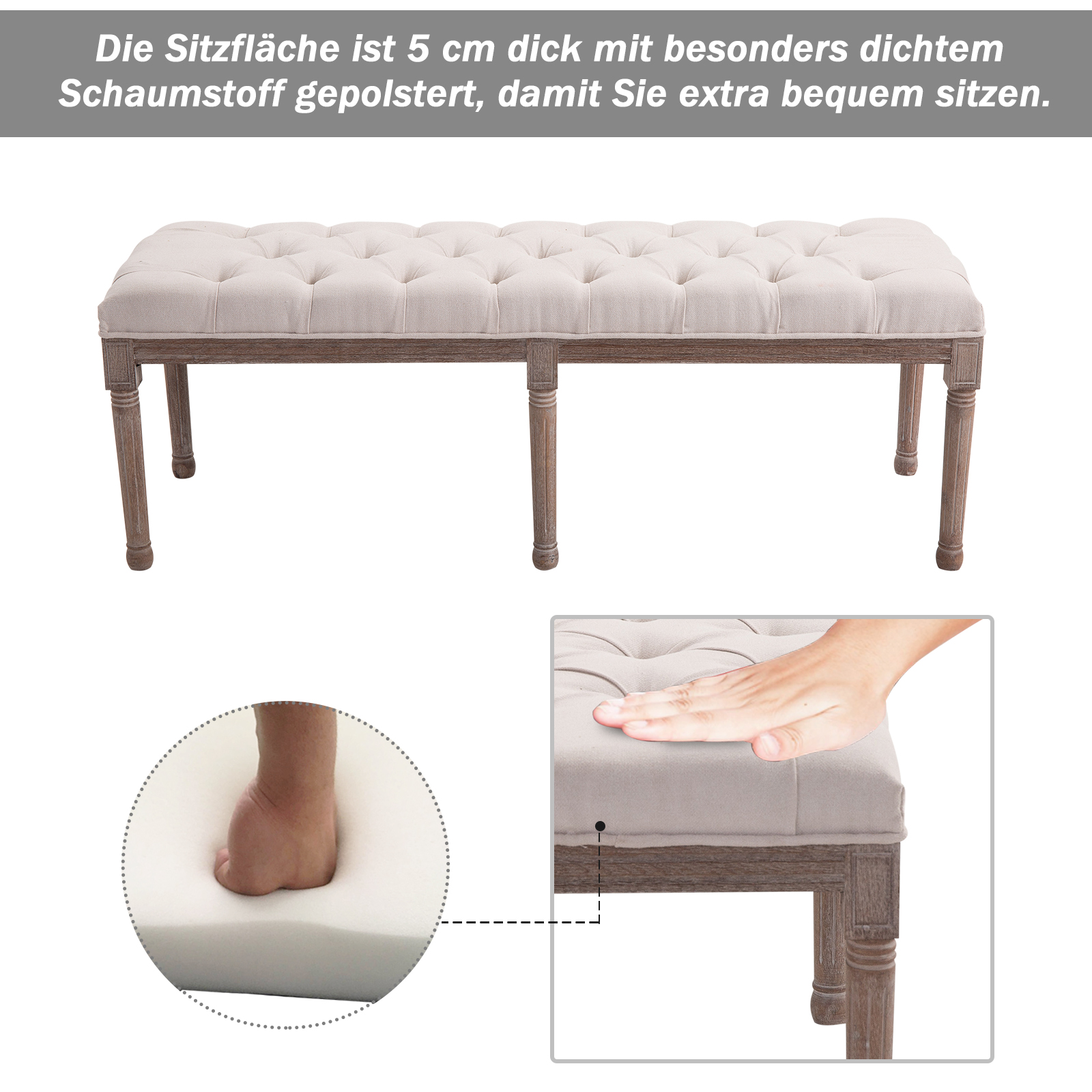 Polsterbank Sitzbank Lounge Sitzhocker Vintage Retro mit Knöpfen Leinen + Holz beige 142 x 47 x 51 cm