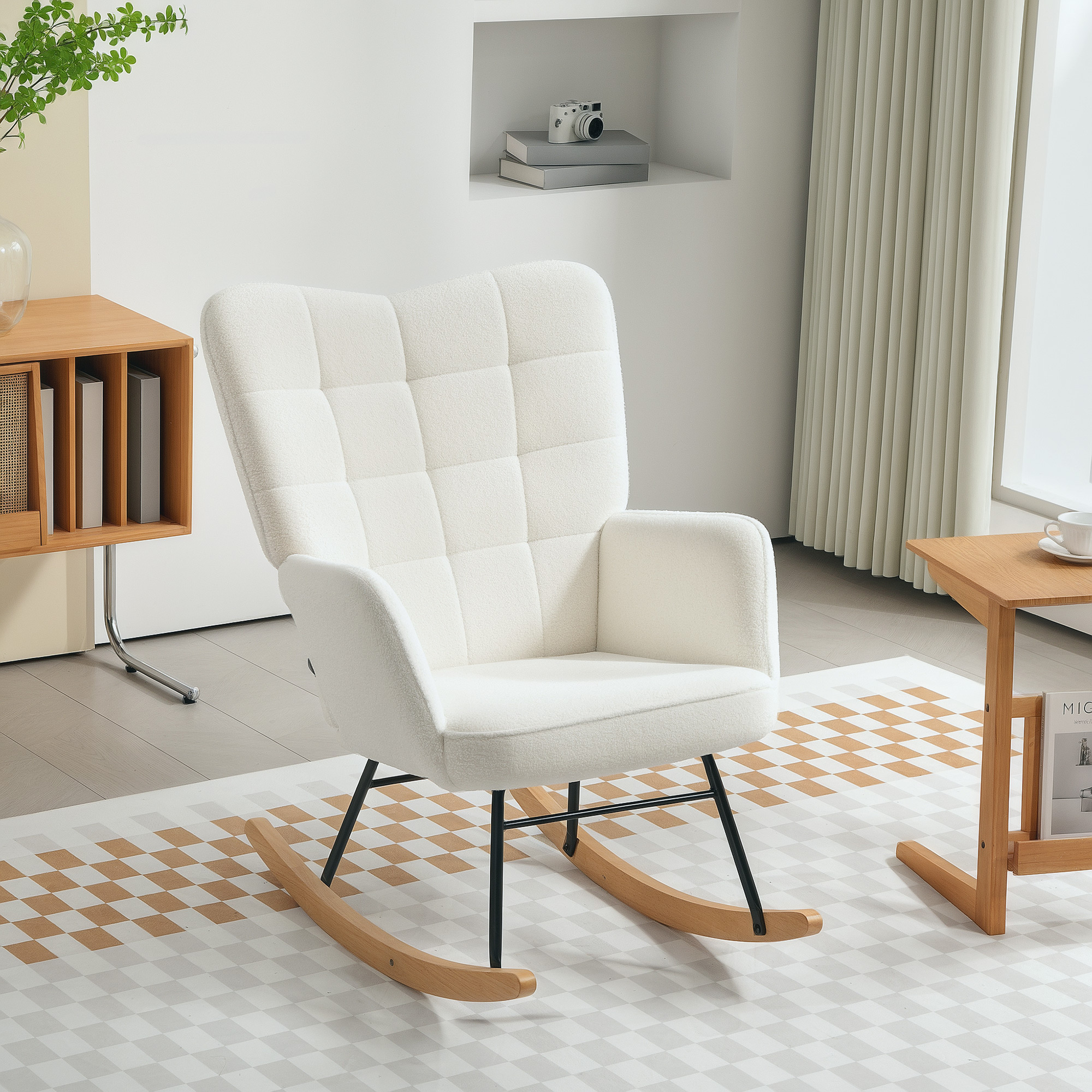 Schaukelstuhl in Vliesoptik mit Armlehnen, Ergonomischer Sessel mit Holzkufen, für Wohnzimmer, Schlafzimmer, Weiß