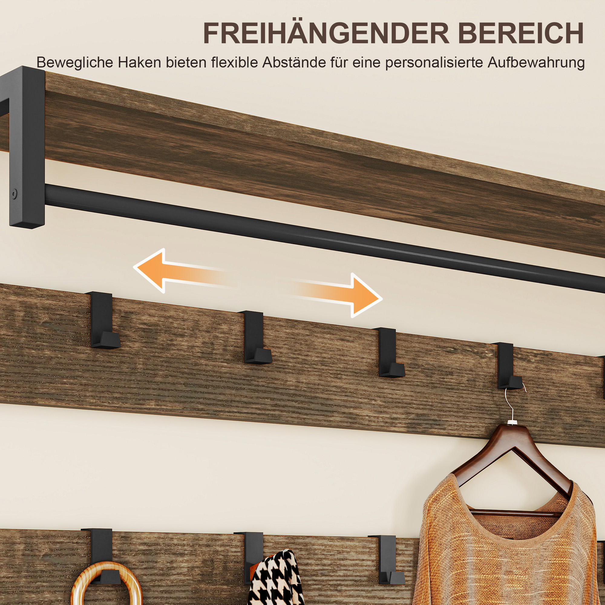 6-in-1 Garderobenständer mit Sitzbank und Schuhregal, Industrie-Stil, 10 Haken, 2 Stoffschubladen, Metall, Braun