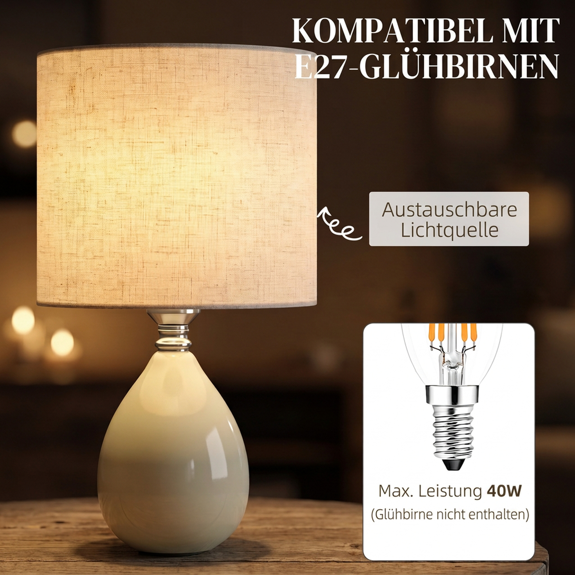 Tischlampe Tischleuchte, Vintage Nachttischlampe Schreibtischlampe mit Keramiksockel, Leinenschirm Kabel, E27 Fassung