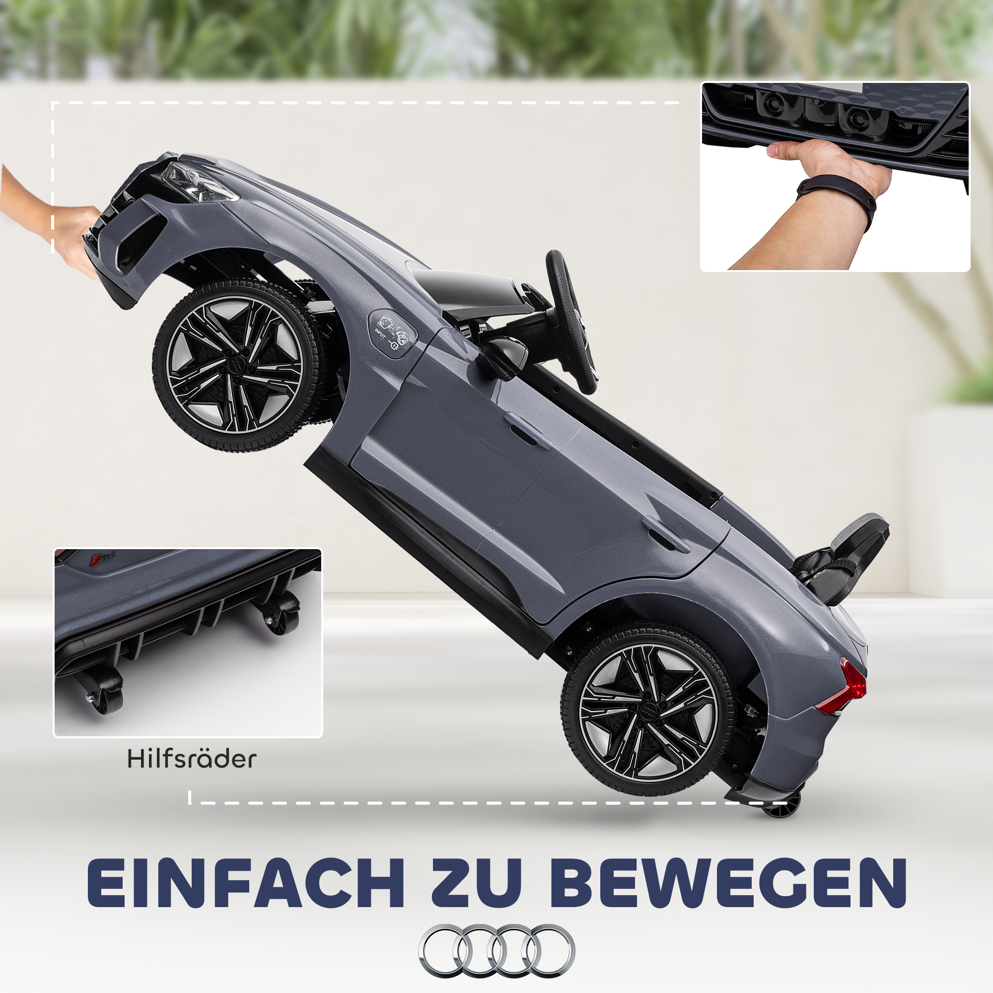 Kinder-Elektroauto mit Fernbedienung, Sicherheitsgurt, Hupe, Musik, Scheinwerfer, bis 5 km/h, 3-5 Jahre, Grau