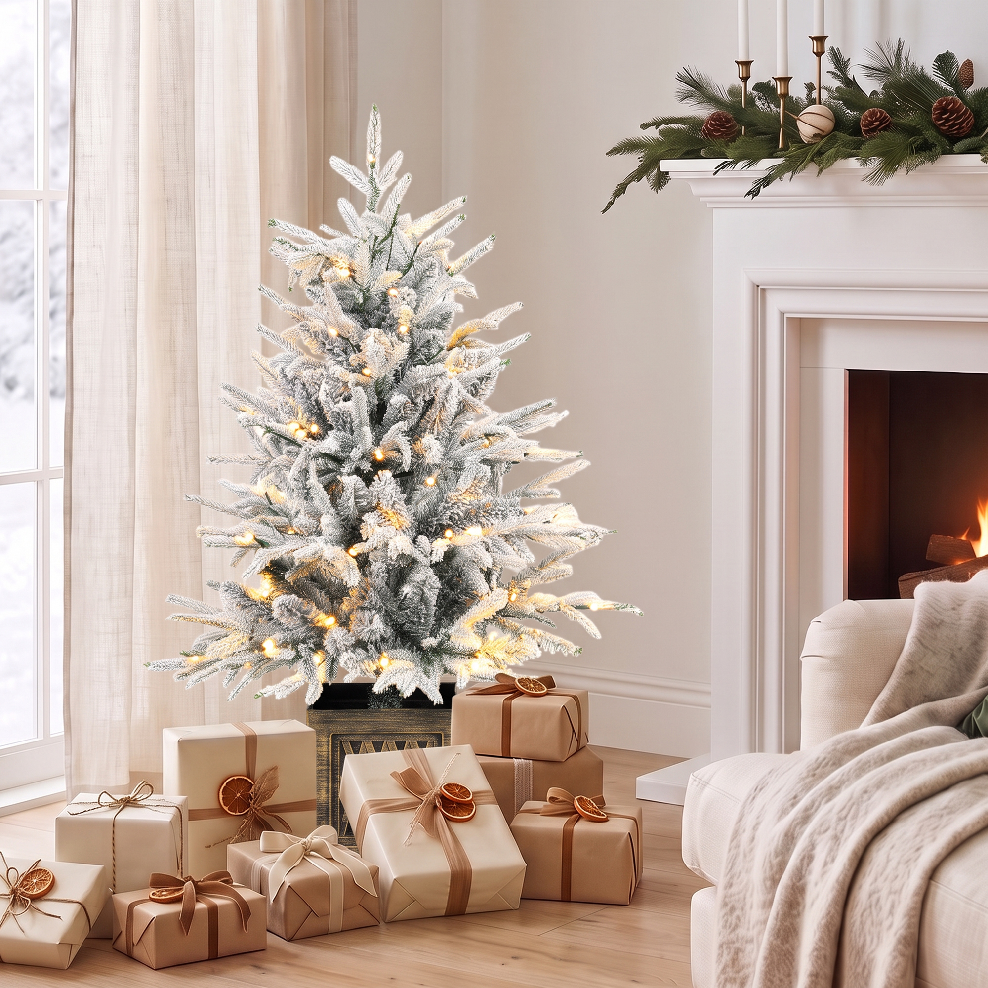 Tisch-Weihnachtsbaum 90 cm, vorbeleuchtet, beschneit, künstlich, 70 warmweiße LEDs, 488 Spitzen, Grün