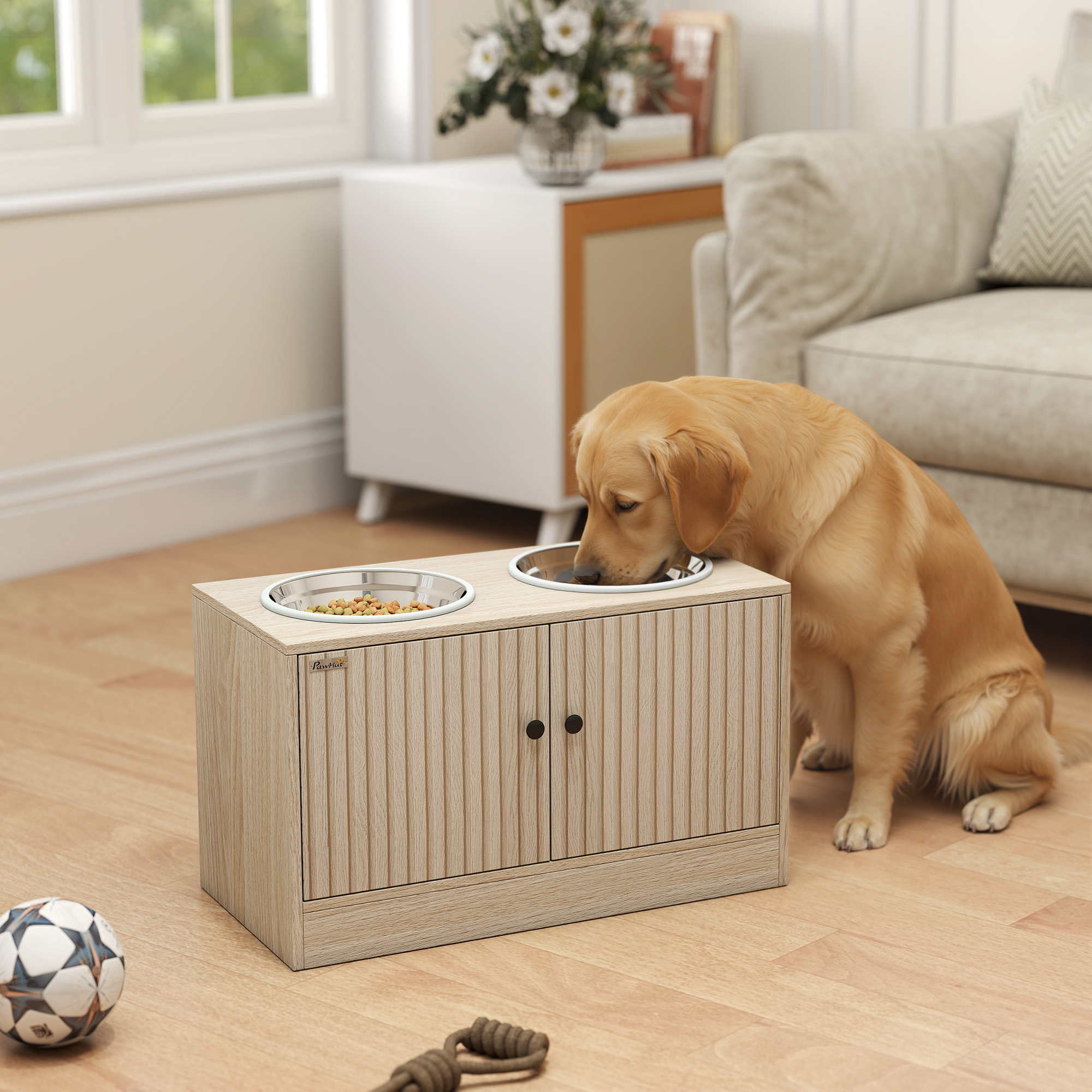 Hundefutterstation mit 2 Edelstahl-Näpfen, Schrank für Utensilien, für große Hunde, Zubehör, Holz