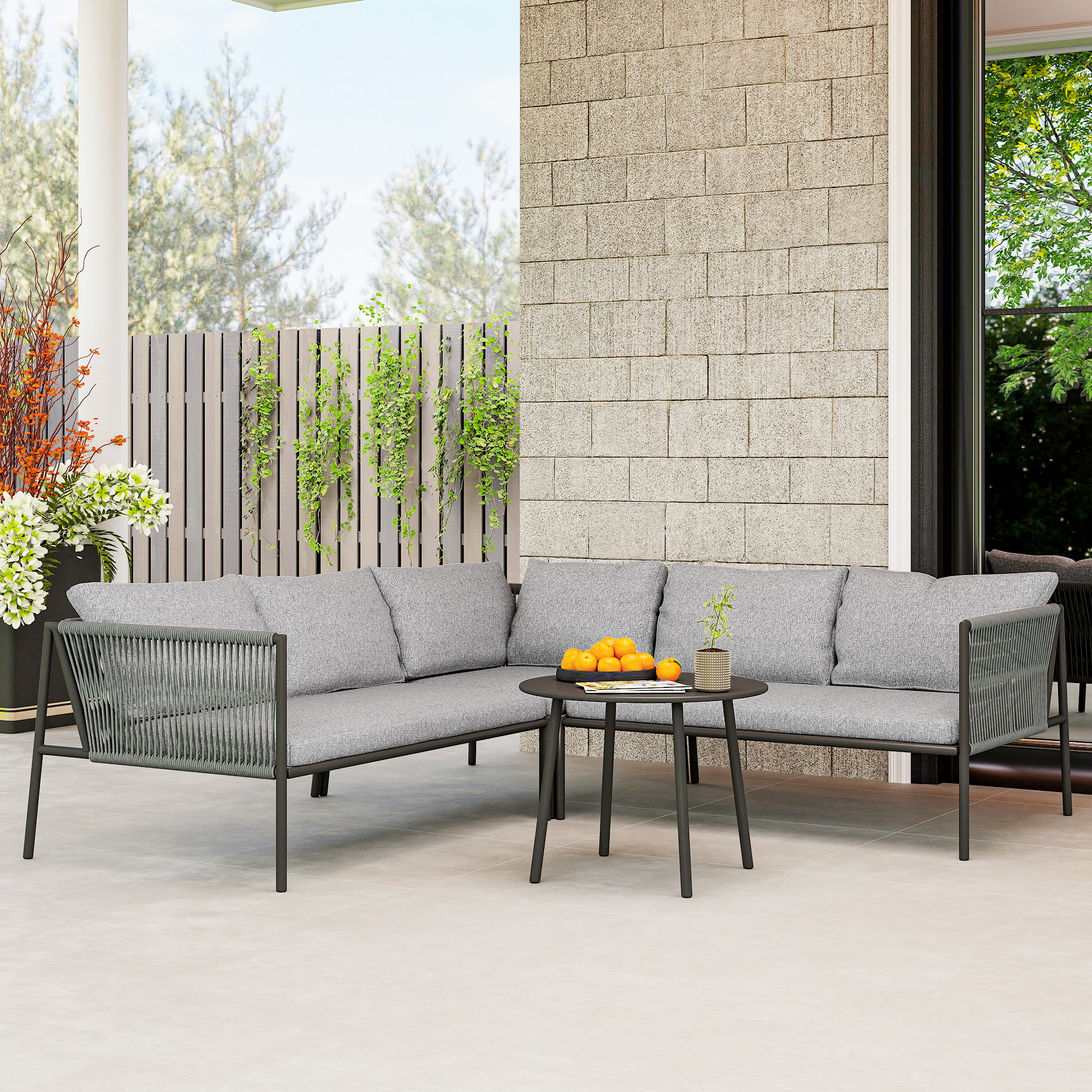 Gartenmöbel Set Polyrattan Lounge-Set mit Ecksofa Tisch Kissen für 6 Personen Dunkelgrau