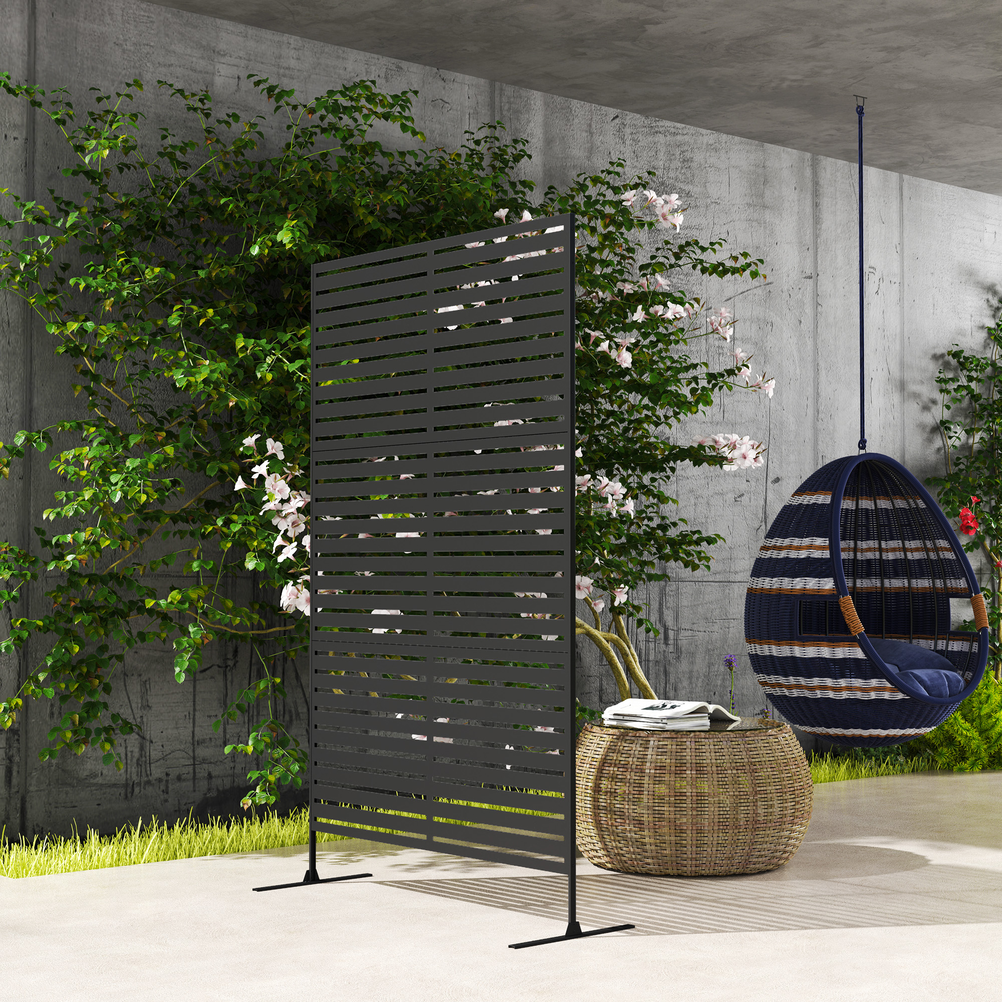 Outdoor-Raumtrenner aus Metall, Lamellendesign, Dekorativer Raumteiler für Terrasse, Garten, Balkon, Schwarz